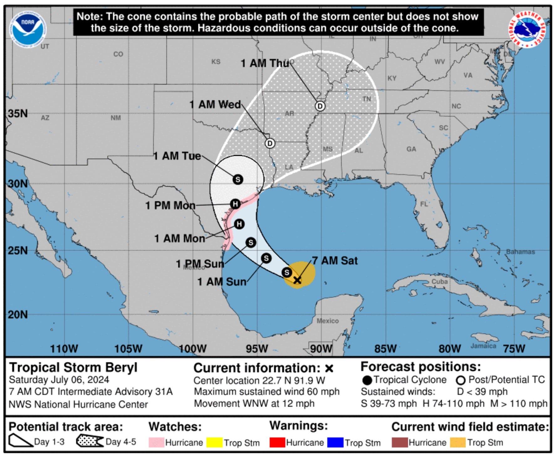 Tropical Storm Beryl forecast as of 7 a.m. CT on Saturday, July 6, 2024.