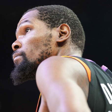 Kevin Durant looks on during the Phoenix Suns' playoff game against the Minnesota Timberwolves at Footprint Center on April 26, 2024.