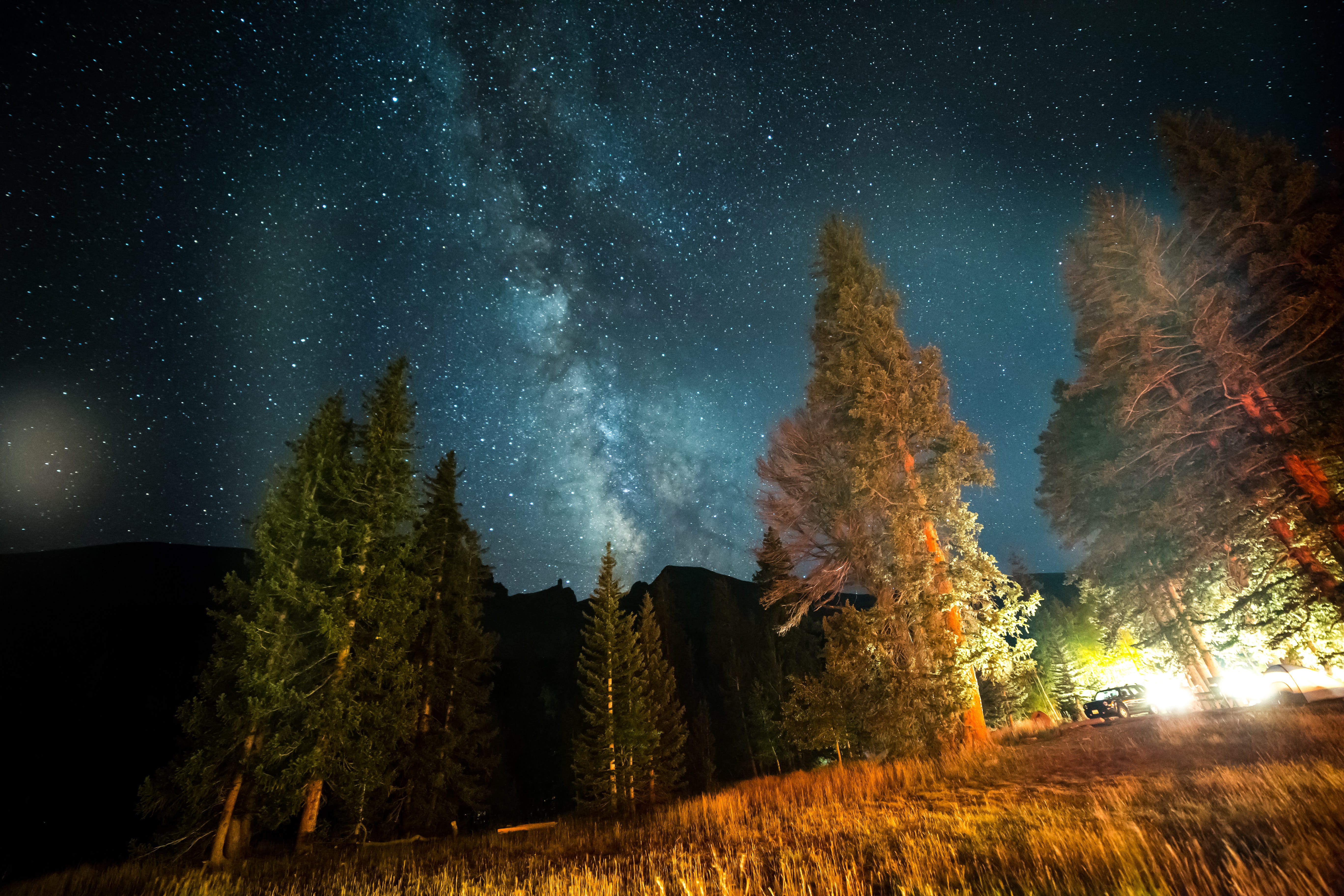 The Milky Way Galaxy is visible above a campground within Great Basin National Park.