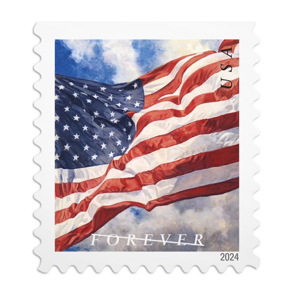 Forever stamps including the new U.S. flag stamps released last month, initially sold at the first-class rate of 68 cents, will now cost 73 cents on USPS.com starting Sunday, July 14,