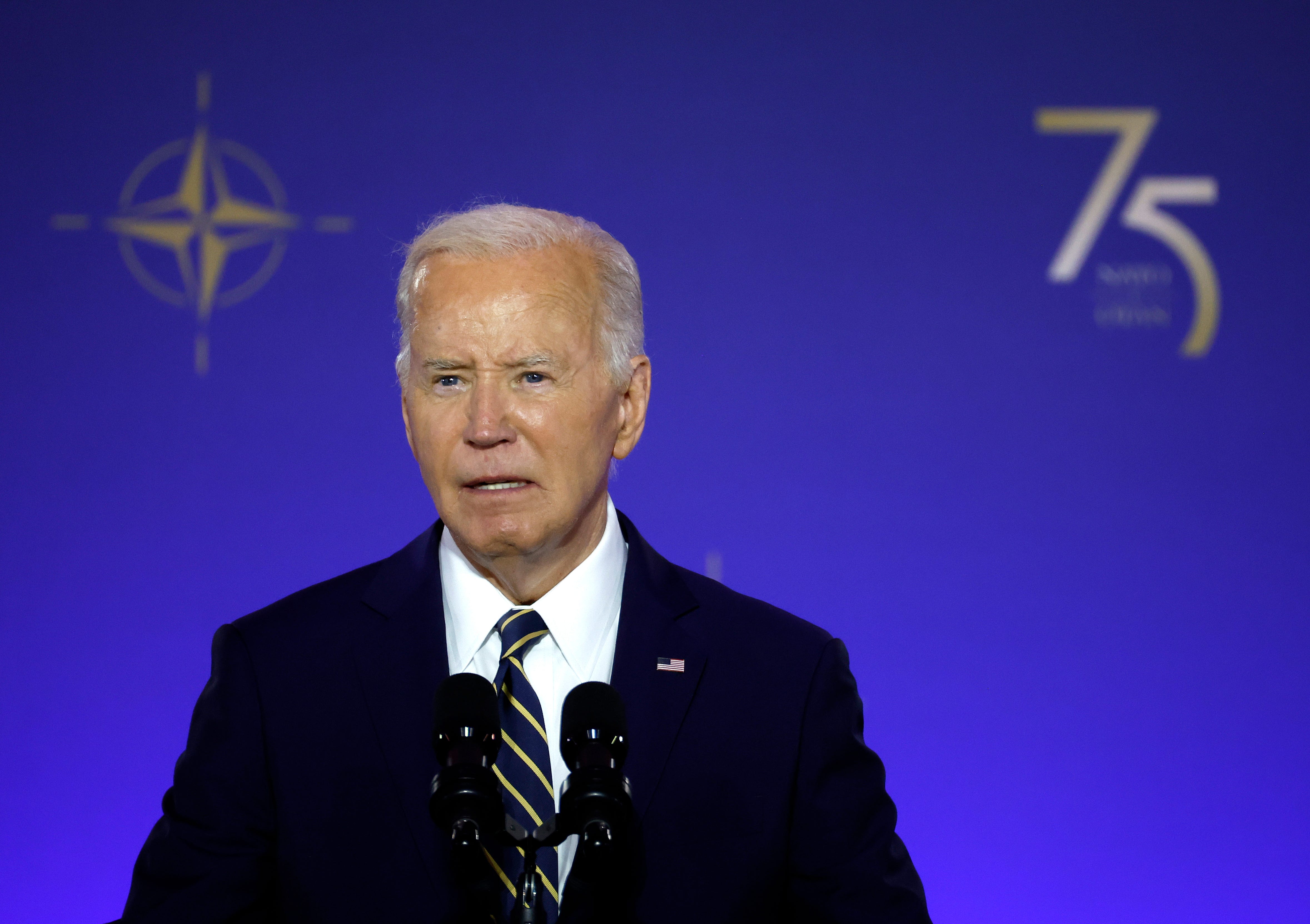 WASHINGTON, DC - JULY 09: U.S. President Joe Biden delivers remarks during the NATO 75th anniversary celebratory event at the Andrew Mellon Auditorium on July 9, 2024 in Washington, DC. NATO leaders convene in Washington this week for its annual summit to discuss future strategies and commitments and mark the 75th anniversary of the allianceâ€™s founding. (Photo by Kevin Dietsch/Getty Images)