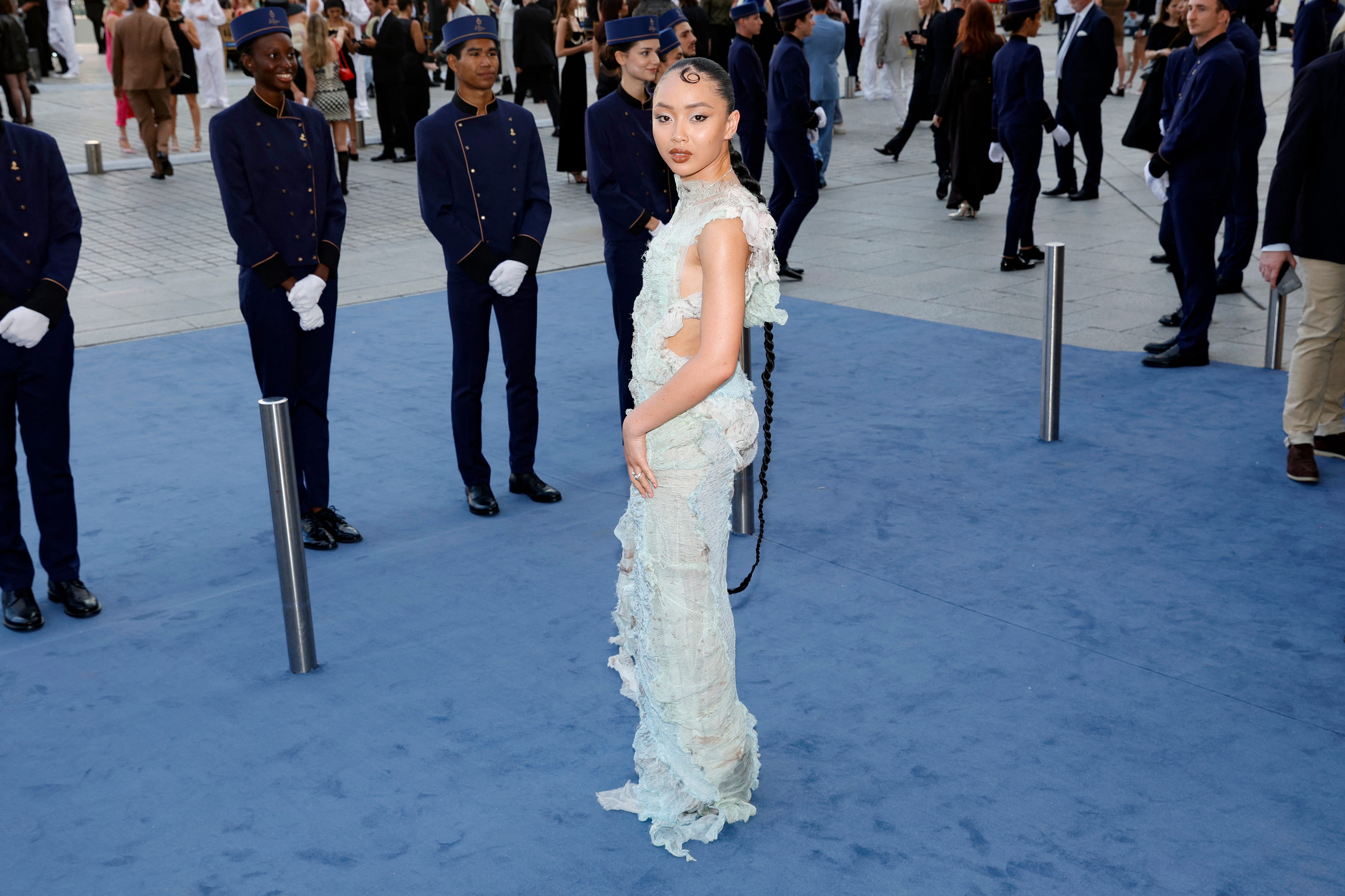 British singer Griff poses at Place Vendôme in Paris. The singer was invited to the Paris Fashion Week event hosted by Vogue World.