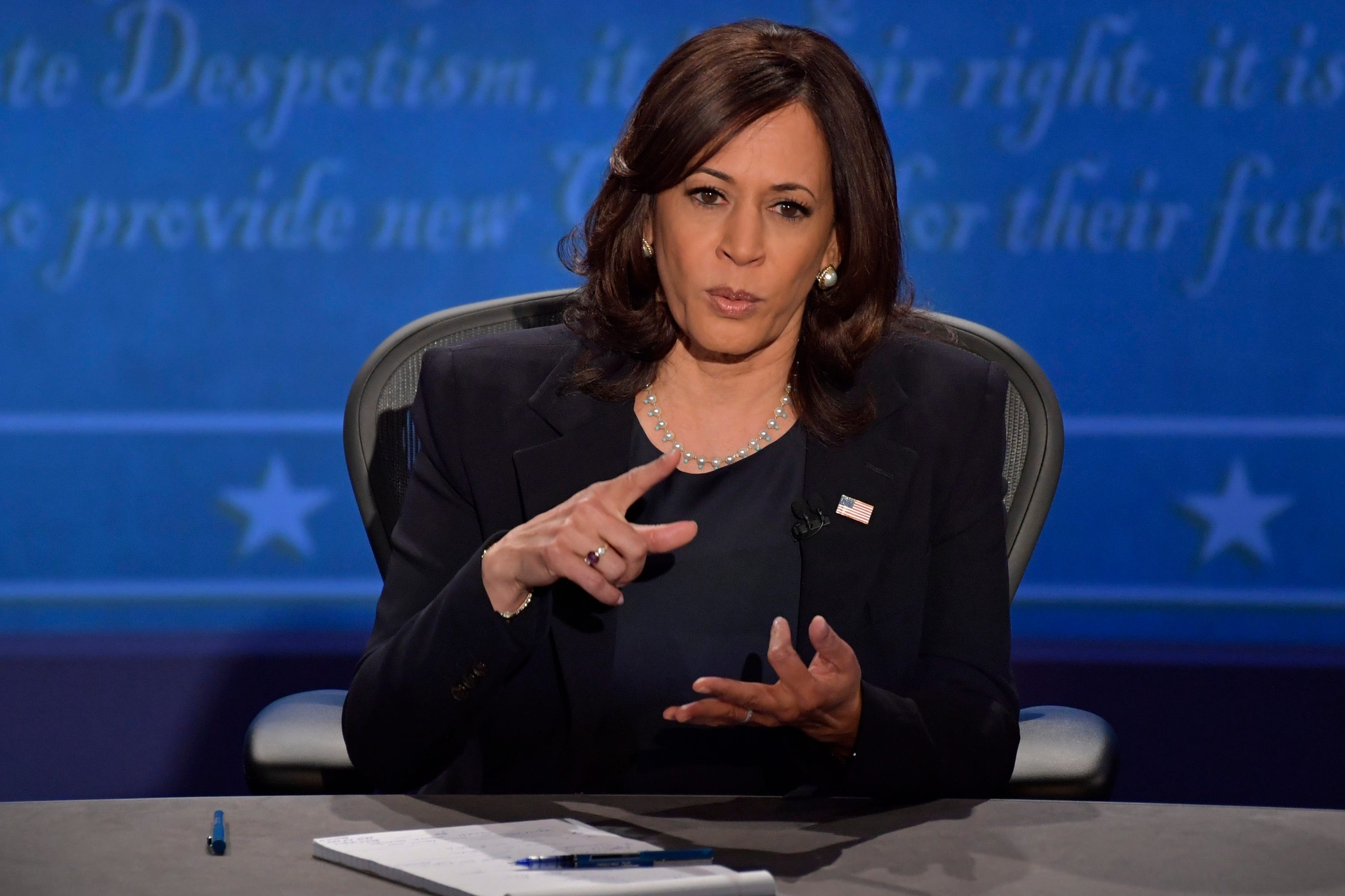 Oct 7, 2020; Salt Lake City, UT, USA; Sen. Kamala Harris speaks on stage during the Vice Presidential debate between Republican nominee Vice President Mike Pence and Democratic nominee Sen. Kamala Harris held at Kingsbury Hall at The University of Utah. Susan Page, Washington Bureau Chief for USA TODAY, is the moderator. Mandatory Credit: Jack Gruber-USA TODAY