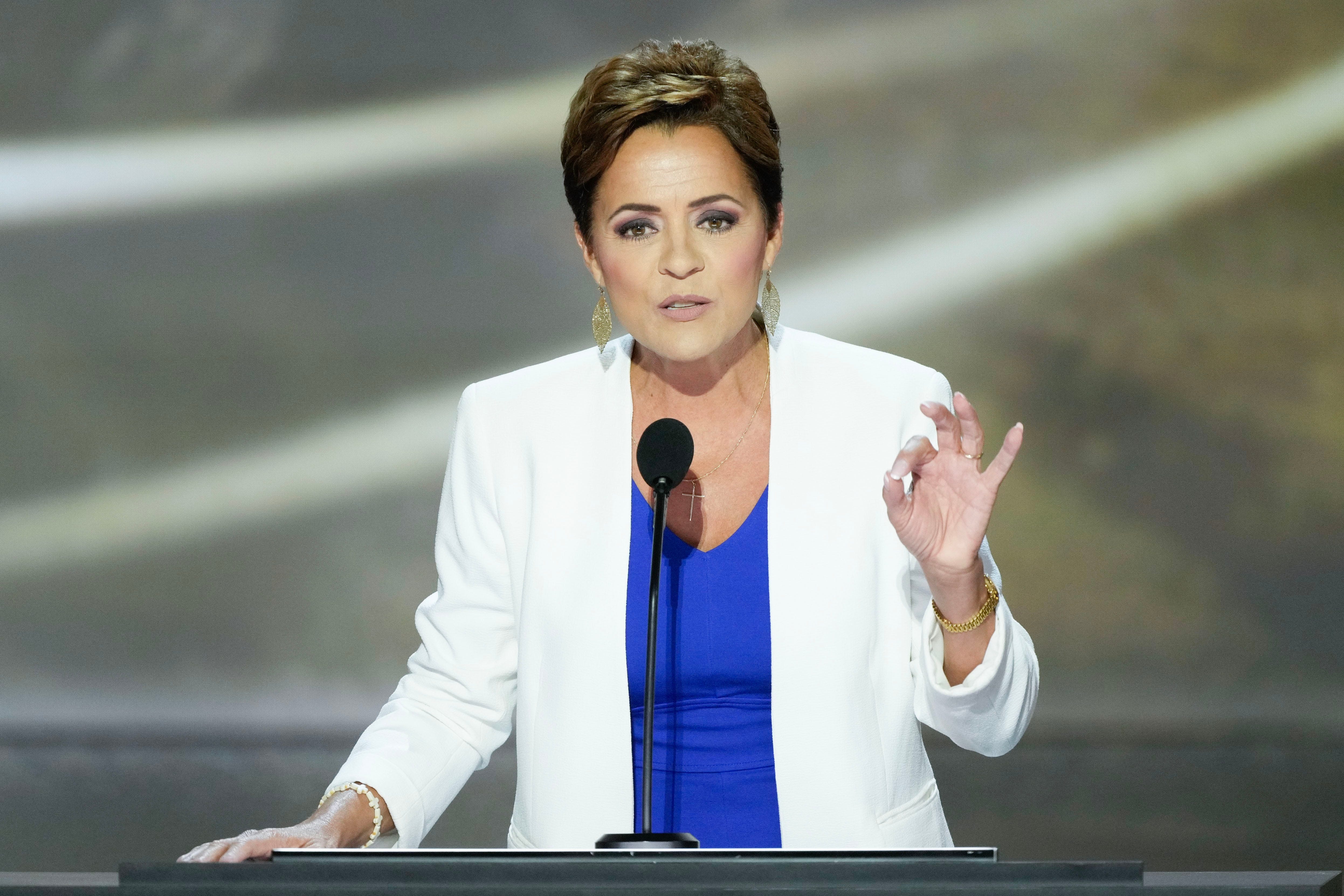 Kari Lake, Arizona U.S. Senate Candidate delivers remarks during the second day of the Republican National Convention at the Fiserv Forum. The second day of the RNC focused on crime and border policies.