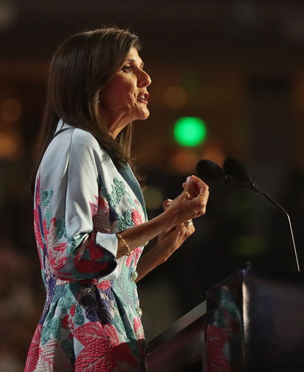 Nikki Haley, Former Ambassador to the United Nations ,delivers remarks during the second day of the Republican National Convention at the Fiserv Forum. The second day of the RNC focused on crime and border policies.