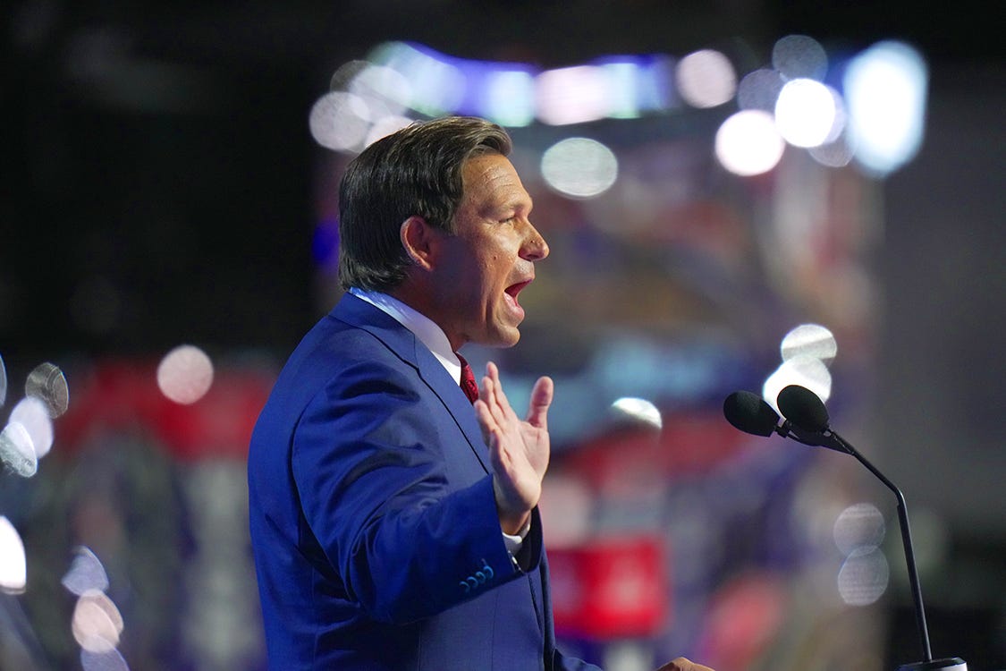 Florida Gov. Ron DeSantis addresses the Republican National Convention in Milwaukee on July 16, 2024.