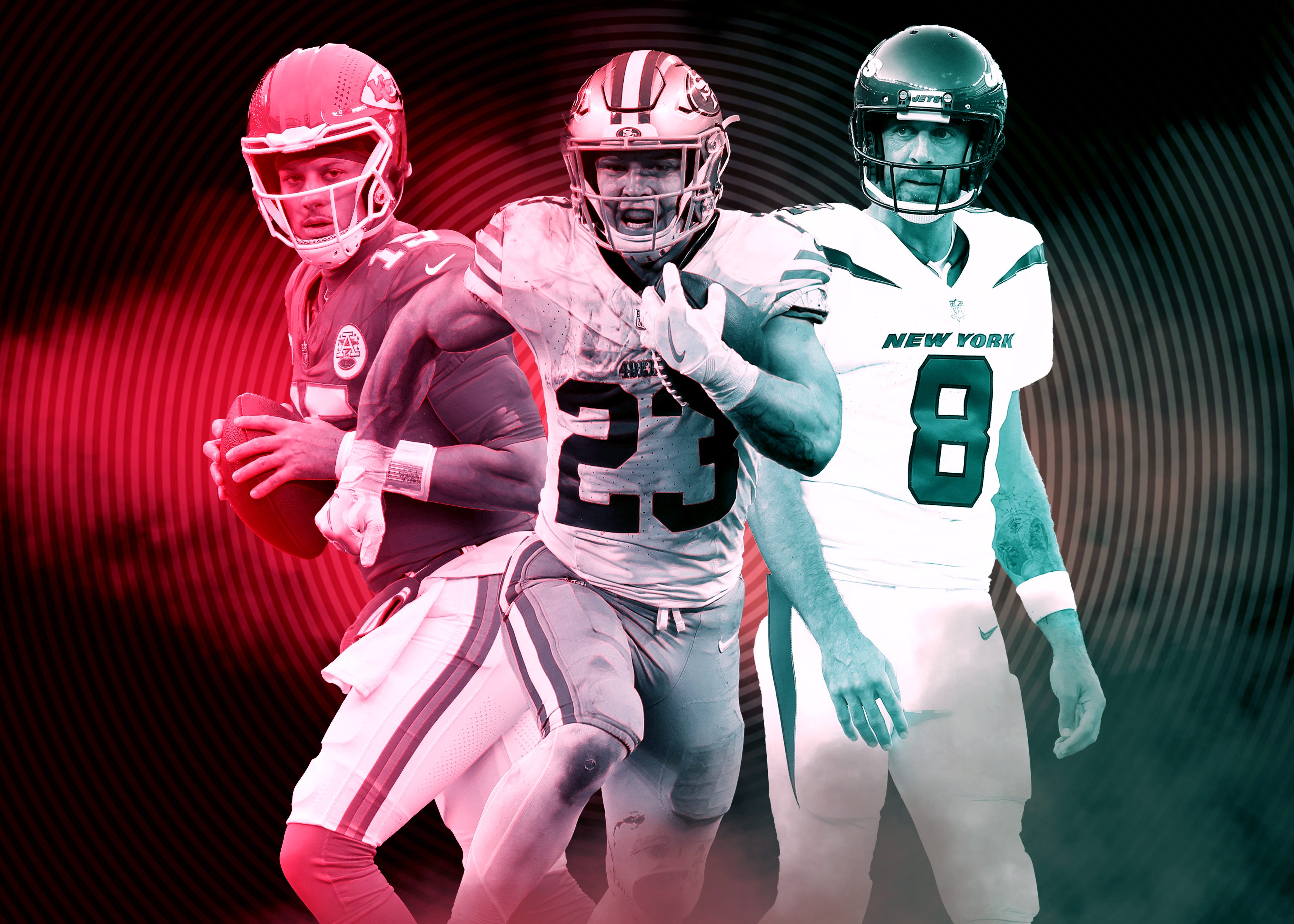 NFL stars Patrick Mahomes, Christian McCaffrey (23) and Aaron Rodgers (8) head into the 2024 season with major expectations.