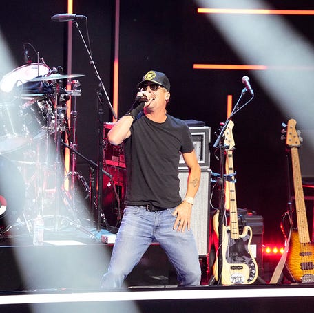Musician Kid Rock practices at rehearsals during the final day of the Republican National Convention at the Fiserv Forum on Jul 18, 2024.