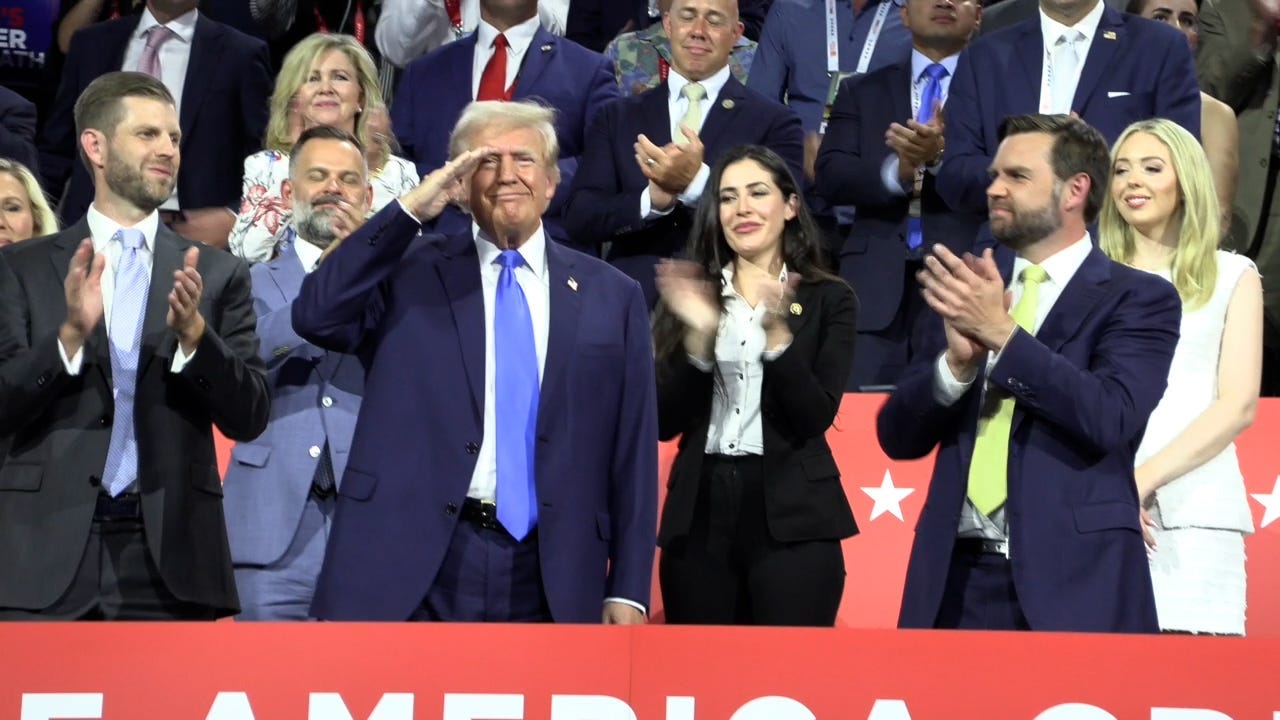 Donald Trump salutes the crowd while at the Republican National Convention on Monday, July 15, 2024.