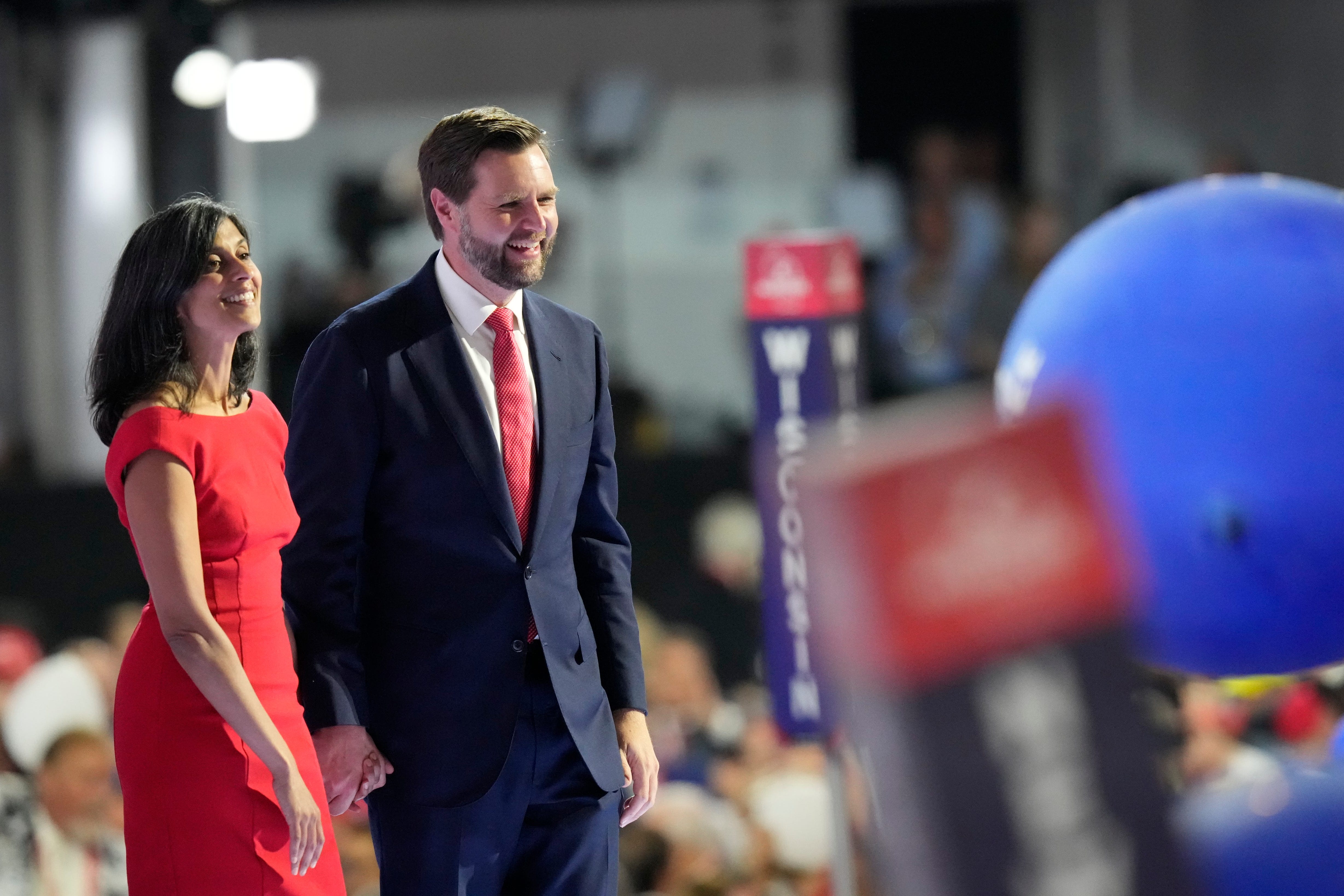 JD Vance and his wife Usha Chilukuri Vance during the balloon drop at final day of the Republican National Convention at the Fiserv Forum. The final day of the RNC featured a keynote address by Republican presidential nominee Donald Trump.
