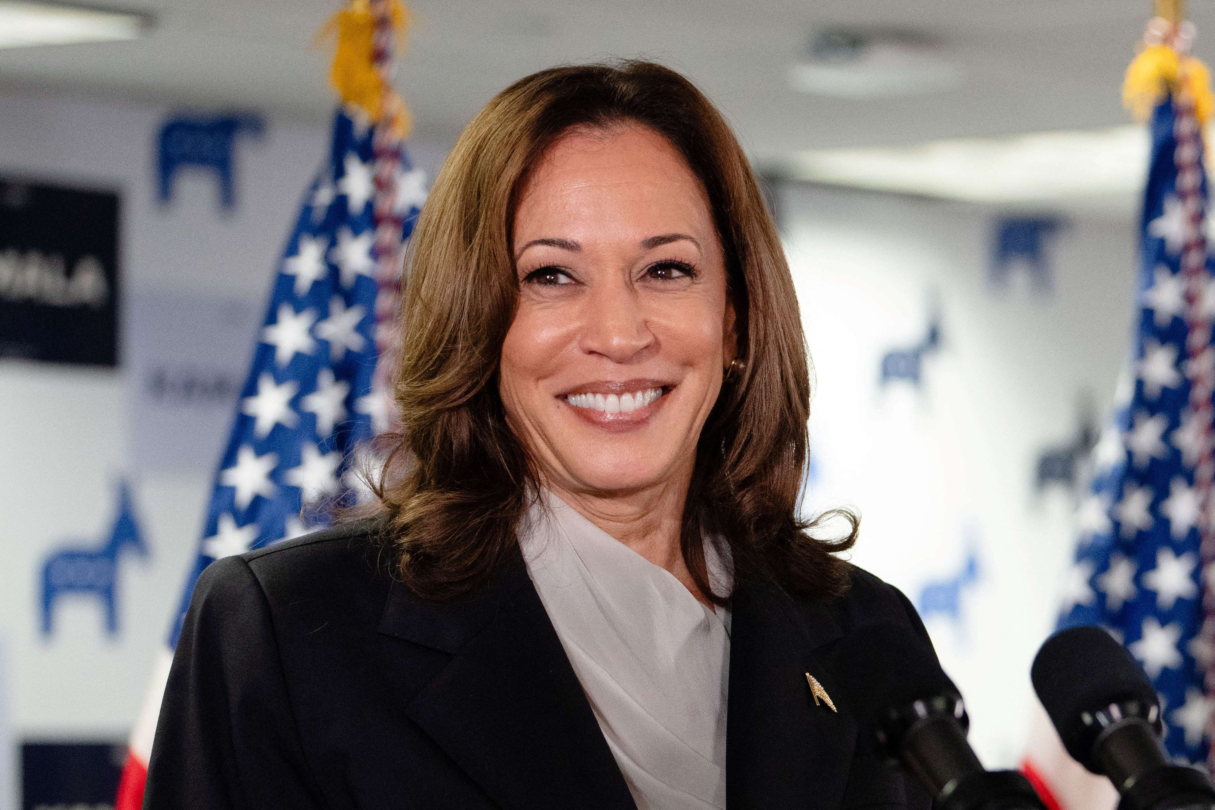 Vice President and Democratic presidential candidate Kamala Harris speaks at her campaign headquarters in Wilmington, Delaware, on July 22, 2024.