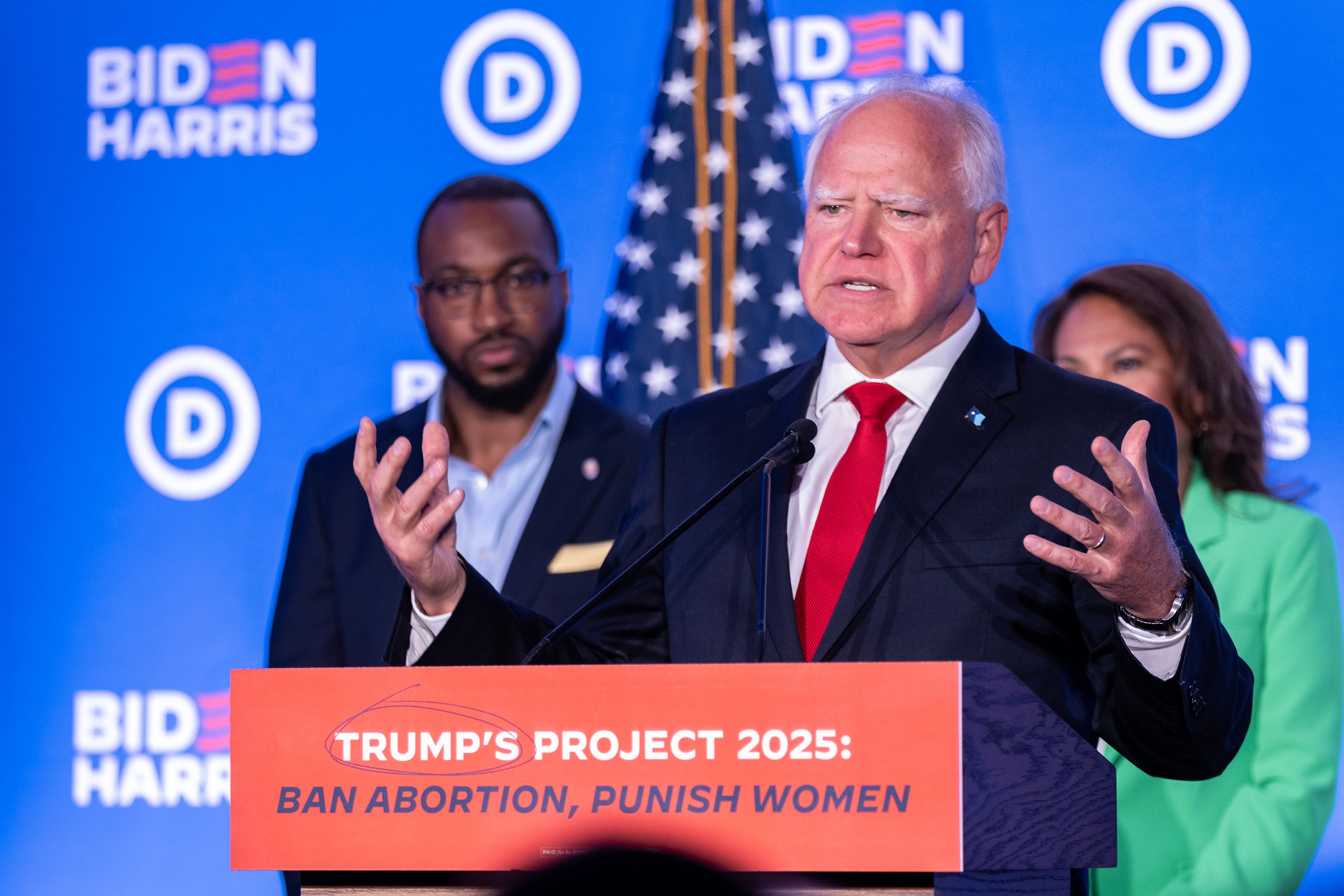 Minnesota Gov. Tim Walz speaks at a Biden-Harris campaign news conference on July 17, 2024, in Milwaukee.