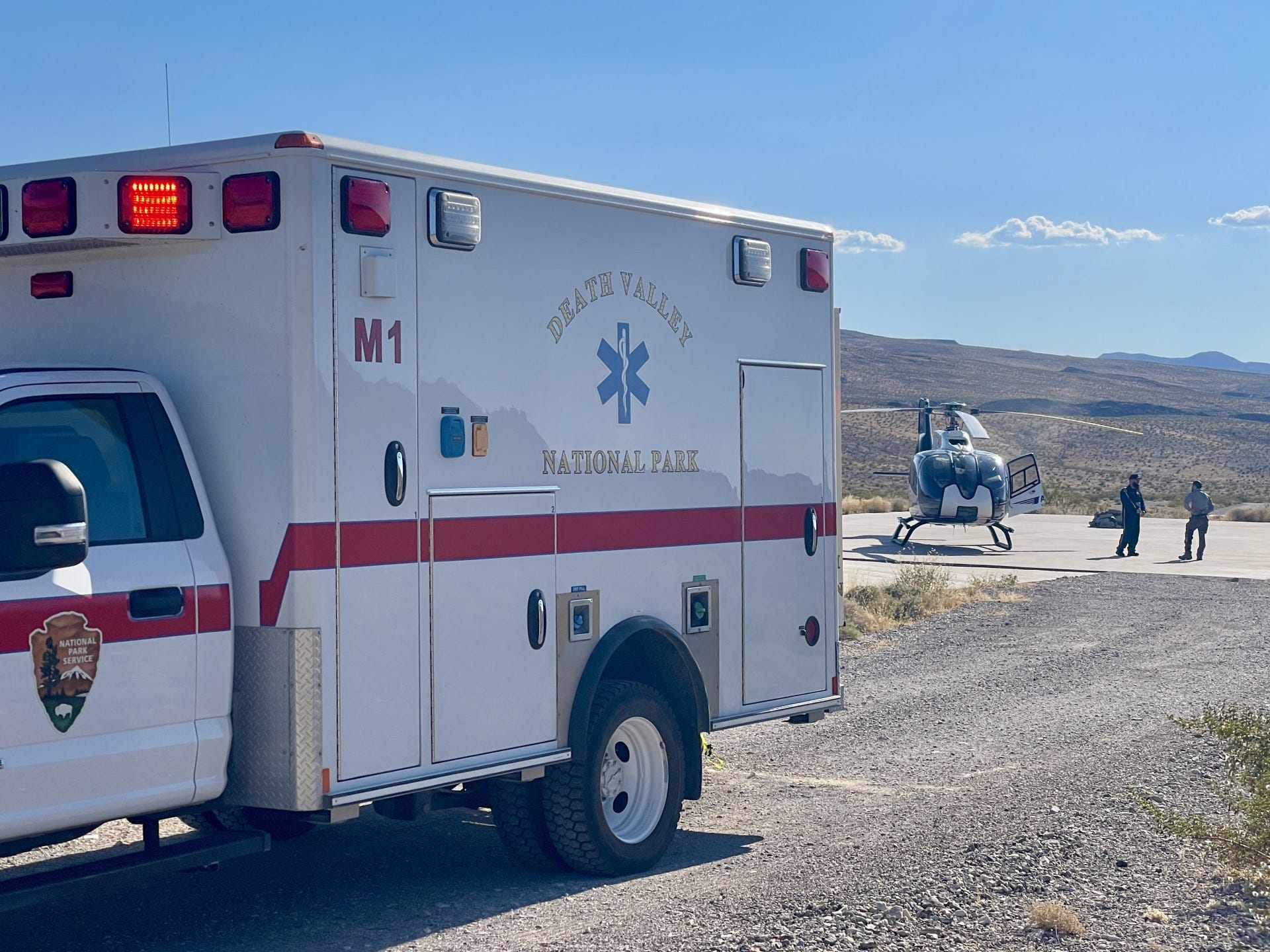 The National Park Service ambulance and Mercy Air's air ambulance at the landing zone at 3,000 feet just east of Death Valley National Park's CA-190 east entrance.