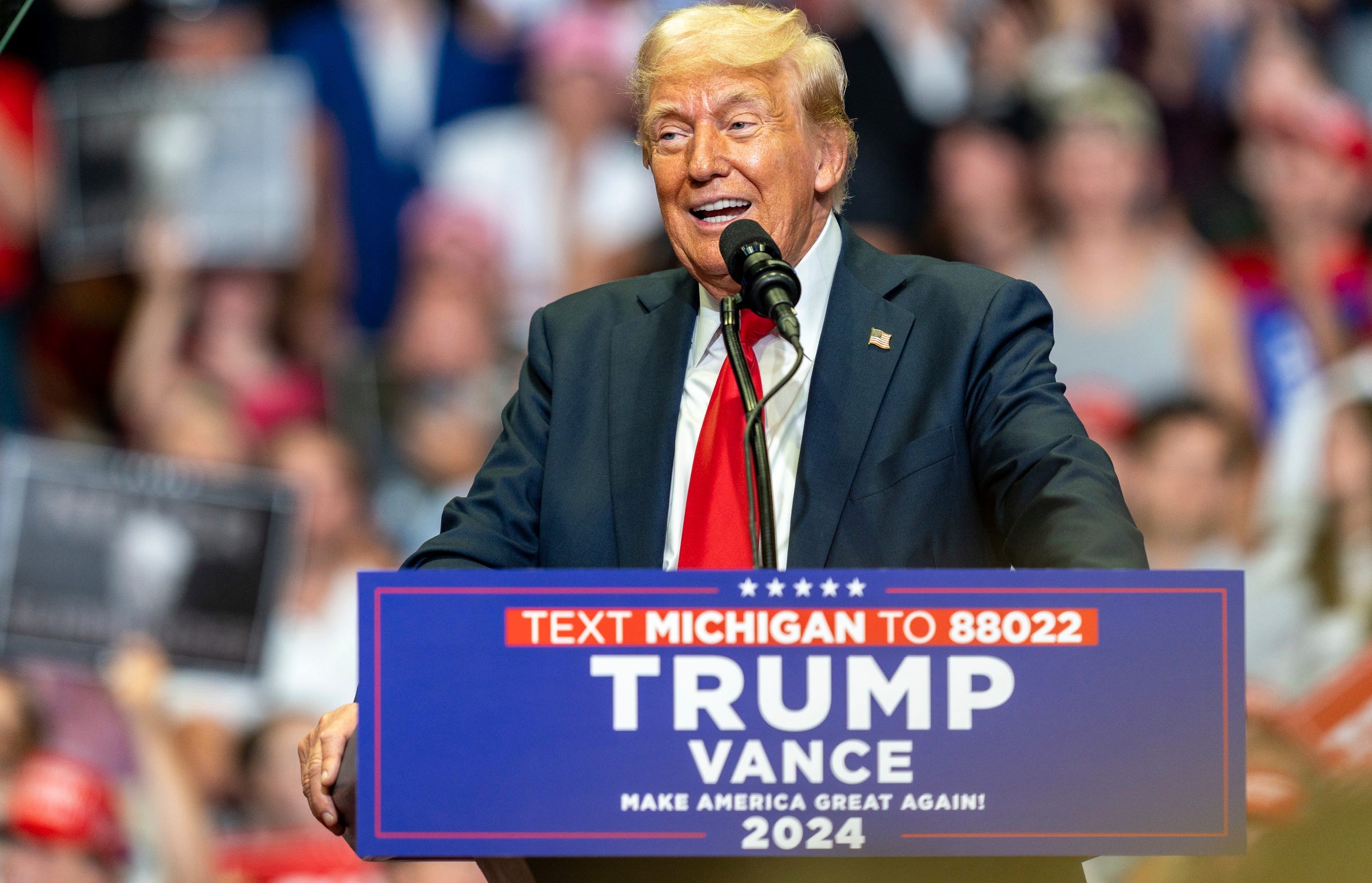 Former President Donald Trump speaks in front of thousands during a rally at the Van Andel Arena in Grand Rapids, Mich.,on Saturday, July 20, 2024.