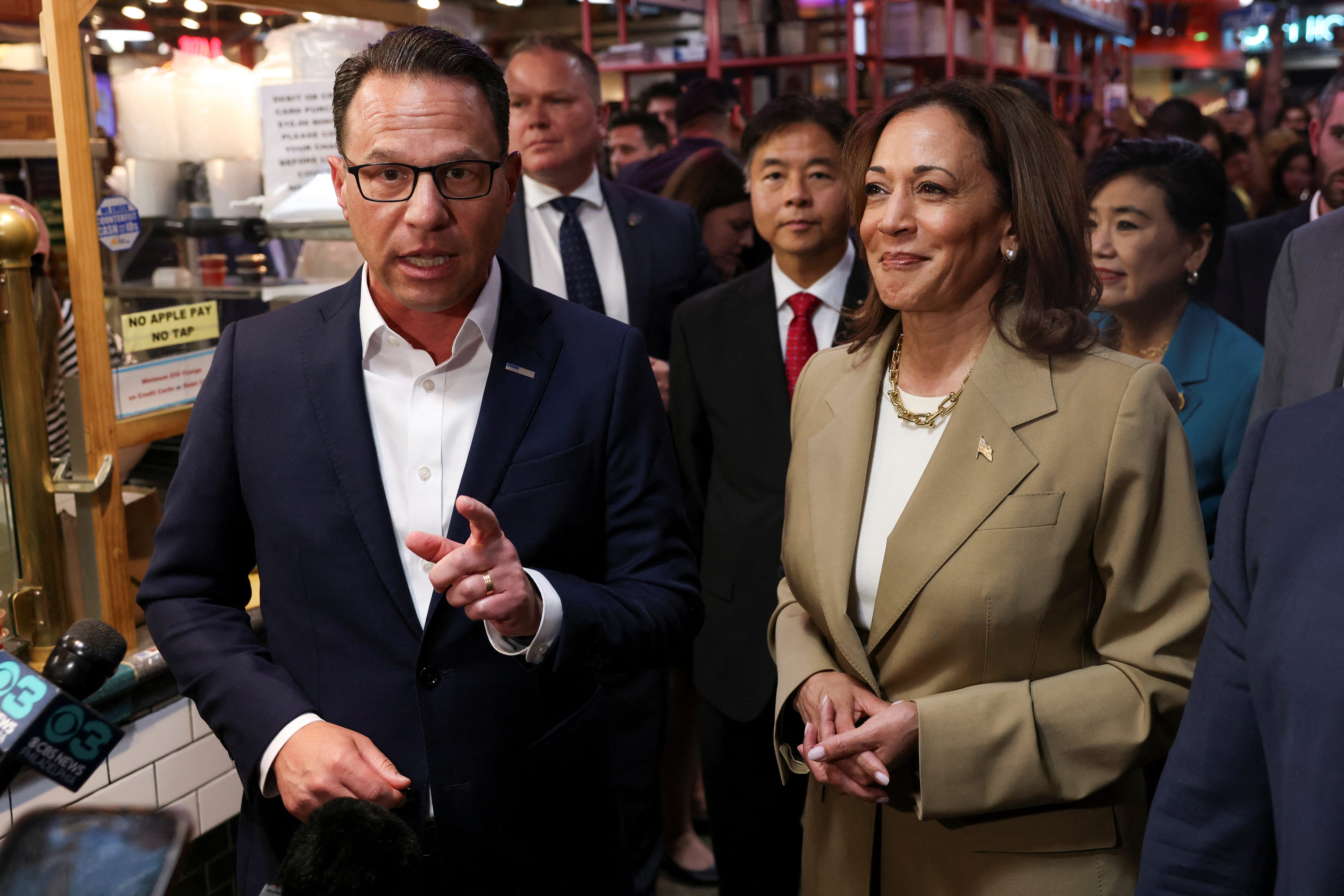 Vice President Kamala Harris and Pennsylvania Gov. Josh Shapiro visit the Reading Terminal Market in Philadelphia on July 13, 2024.