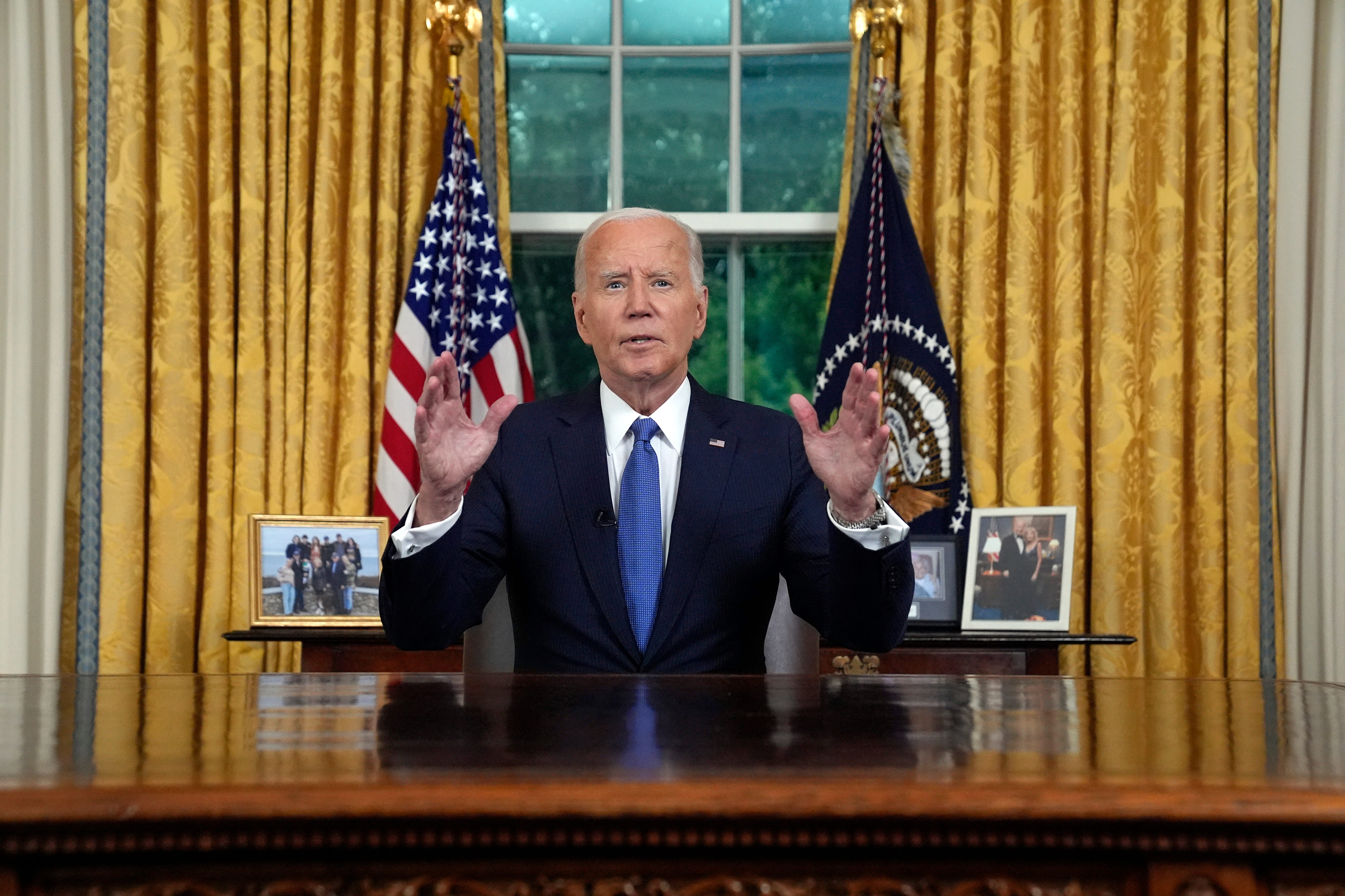 In his first address to the nation since quitting the race, President Joe Biden speaks to the nation about his decision to not seek reelection and passing the torch to Kamala Harris in the Oval Office at the White House in Washington, D.C., on July 24, 2024.
