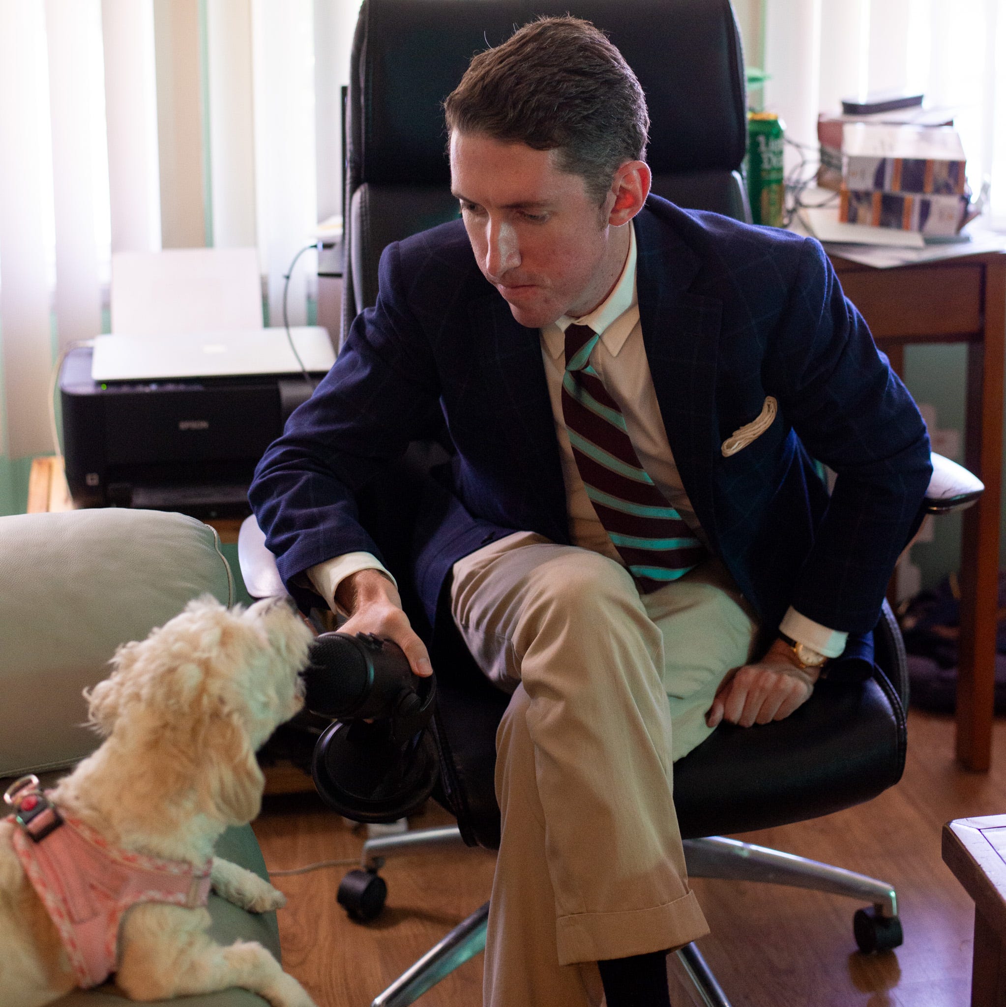 Photo Illustration: Author "interviews" a subject at his home office in Los Angeles. Clothes from his own collection: Coat - Hardwick for Saks Fifth Ave., Shirt - Hamilton via Carroll Custom, Trousers - O'Connell's, Tie - Vintage Brooks Brothers, Socks and pocket square - Brooks Brothers
