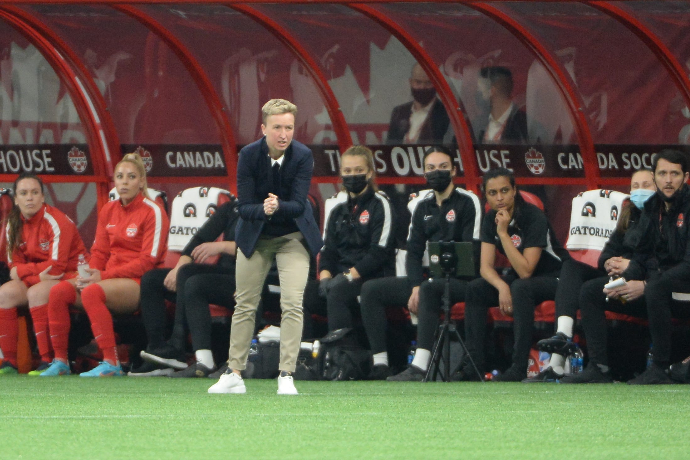 Apr 8, 2022; Vancouver, BC, Canada; Women's Canadian National team head coach Bev Priestman reacts on the side of the pitch against Women's Nigeria National team during the first half at BC Place. Mandatory Credit: Anne-Marie Sorvin-USA TODAY Sports