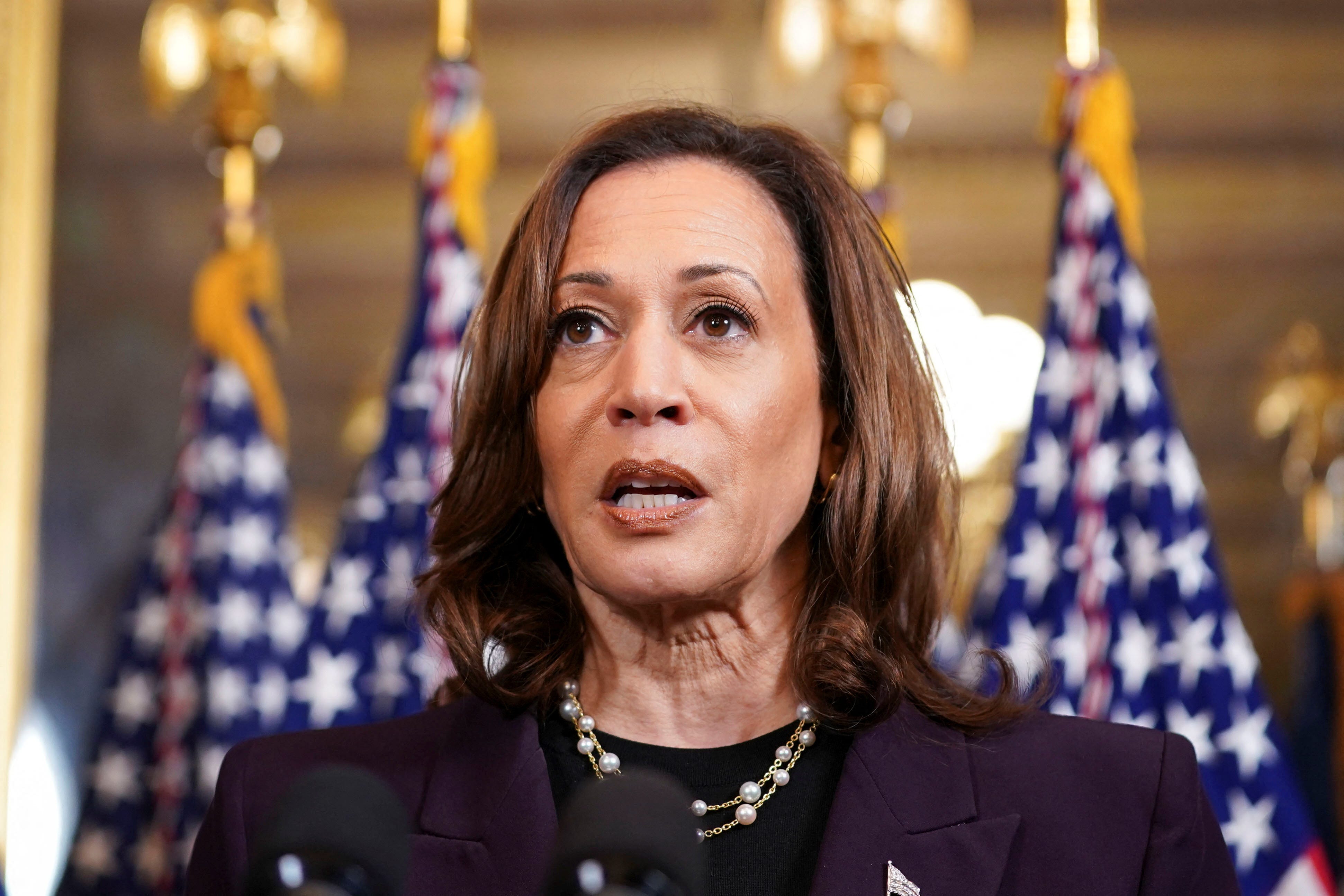 Vice President Kamala Harris answers questions at a news conference after meeting with Israeli Prime Minister Benjamin Netanyahu in Washington, D.C., on July 25, 2024.