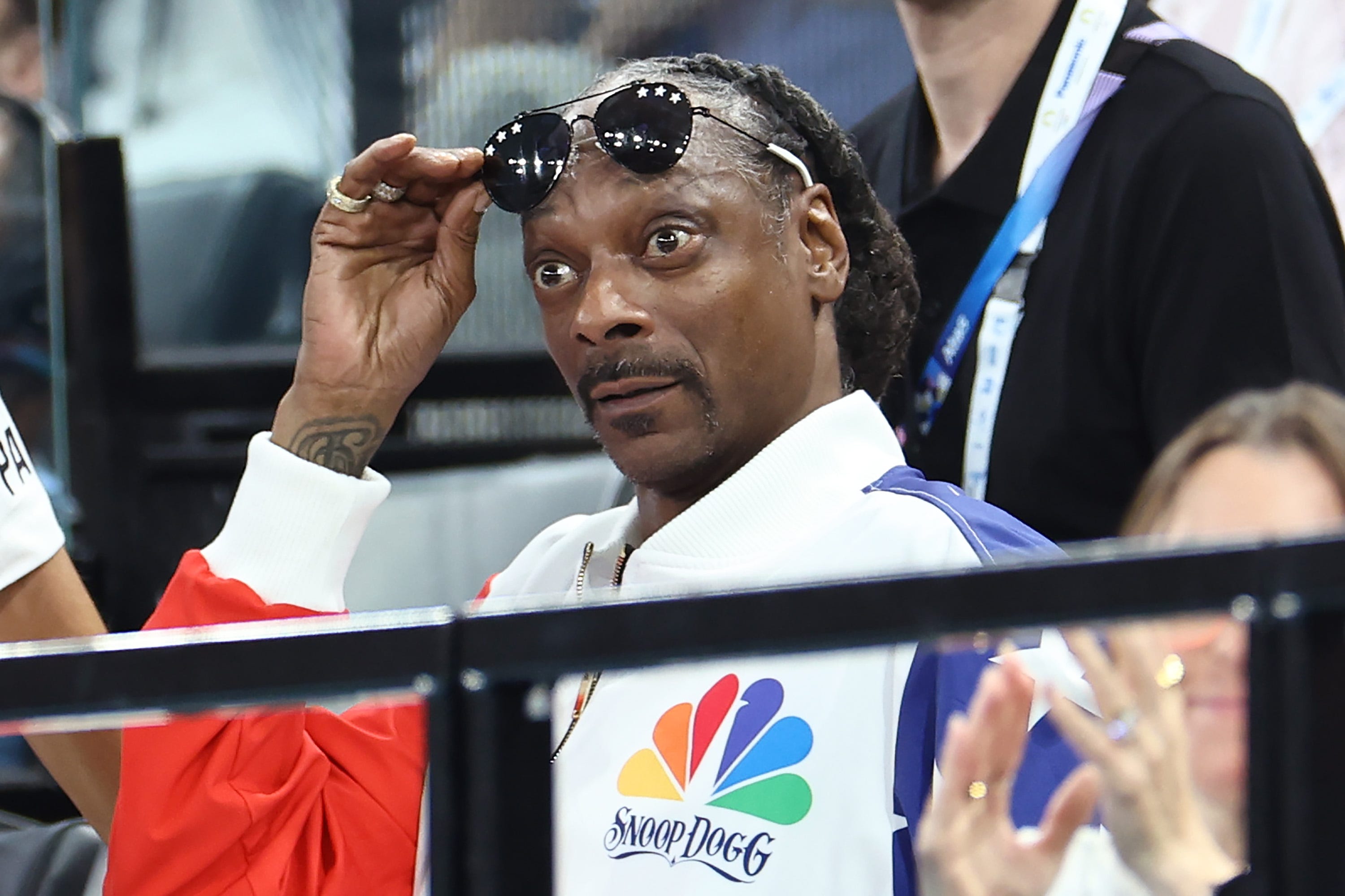 July 28, 2024: Snoop Dogg (R) attends the Artistic Gymnastics Women's Qualification on day two of the Olympic Games Paris 2024 at Bercy Arena in Paris, France.