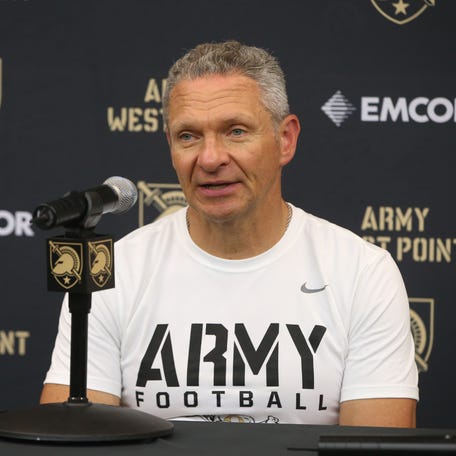 Army football head coach Jeff Monken after practice on July 30, 2024.
