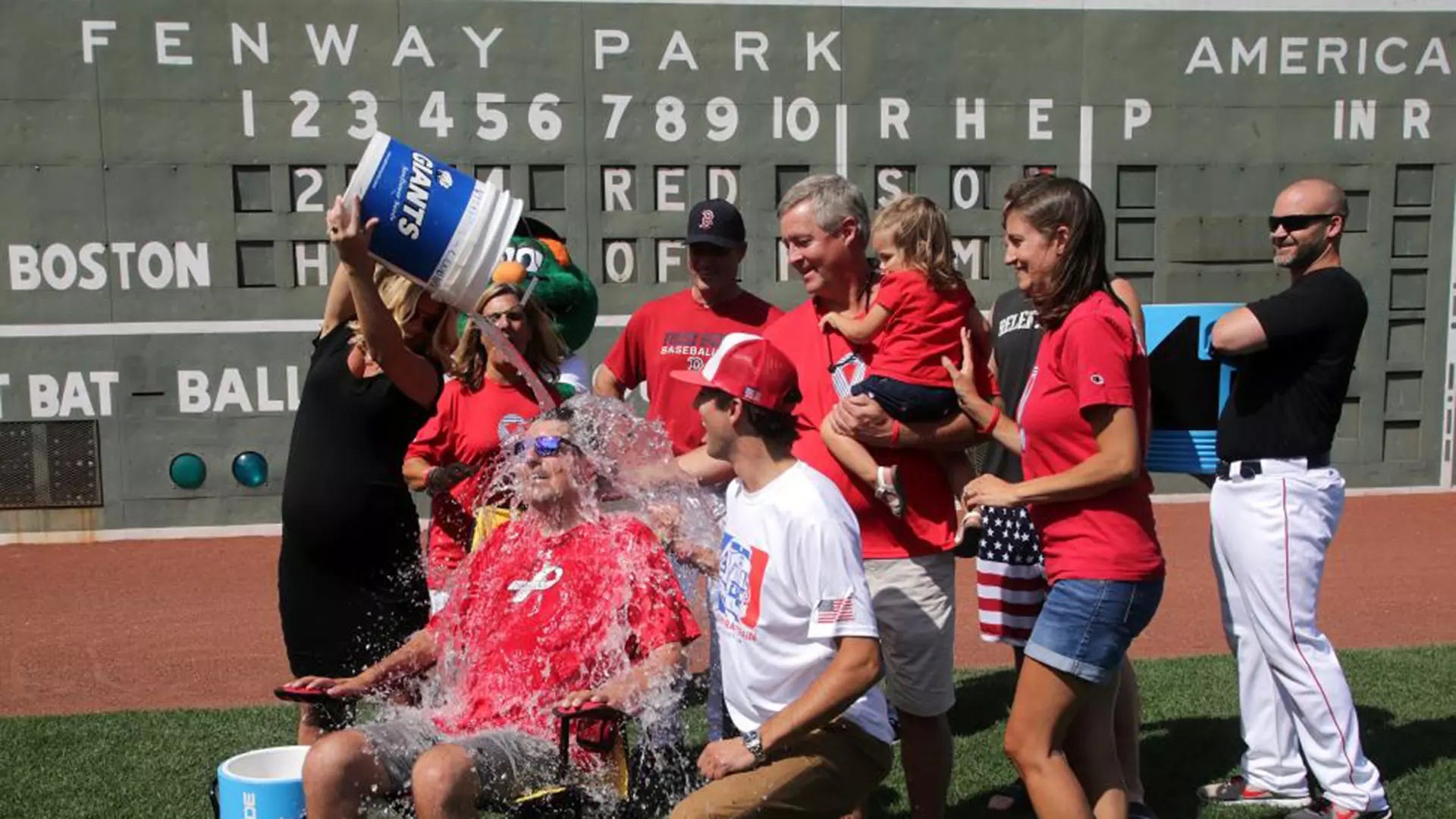 Pete Frates took the Ice Bucket Challenge himself in the outfield of Fenway Park in August 2014.