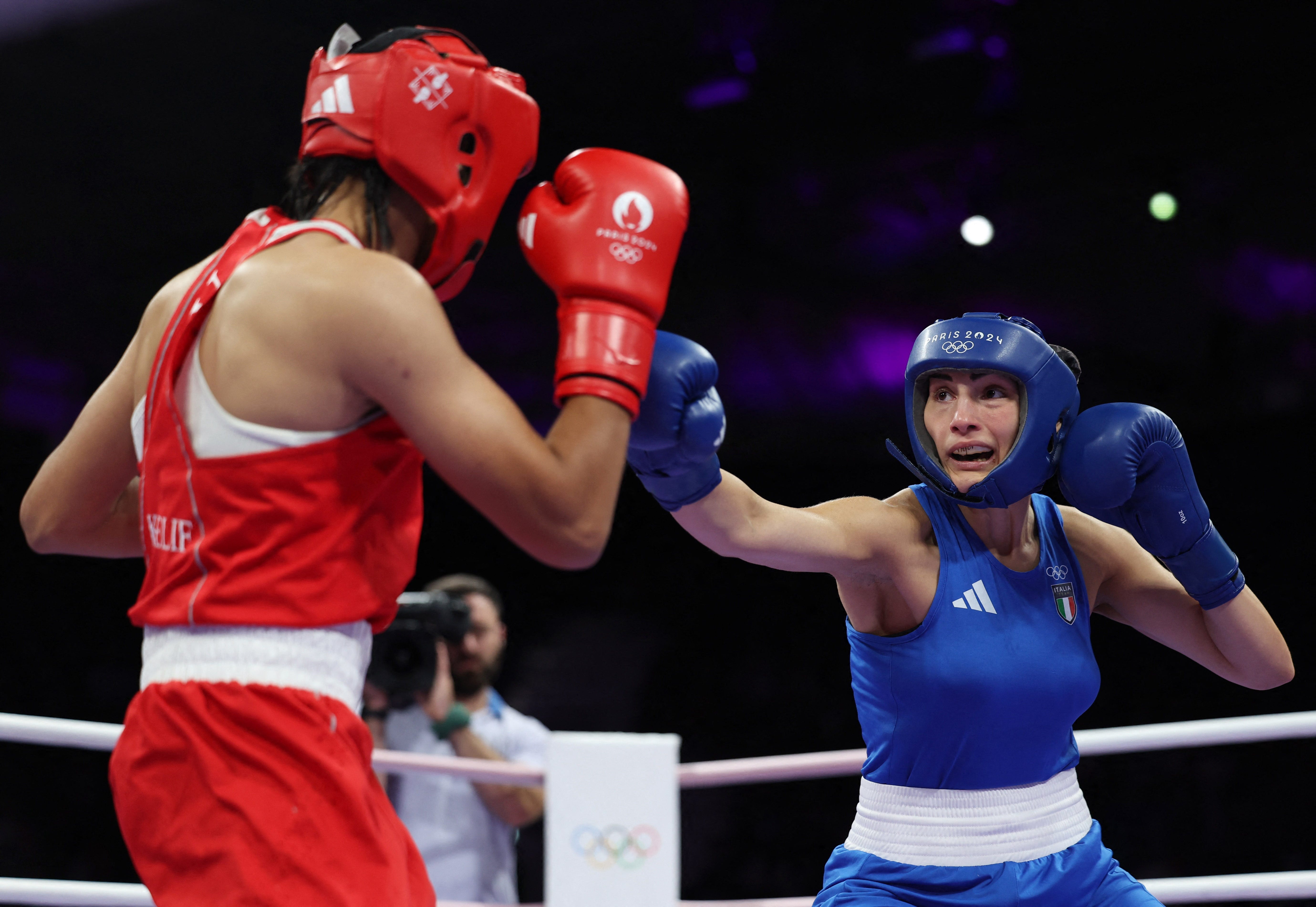 Angela Carini of Italy fights against Imane Khelif of Algeria in a women's 66kg boxing preliminary bout during the Paris Olympics at North Paris Arena in Villepinte, France on Aug. 1, 2024.