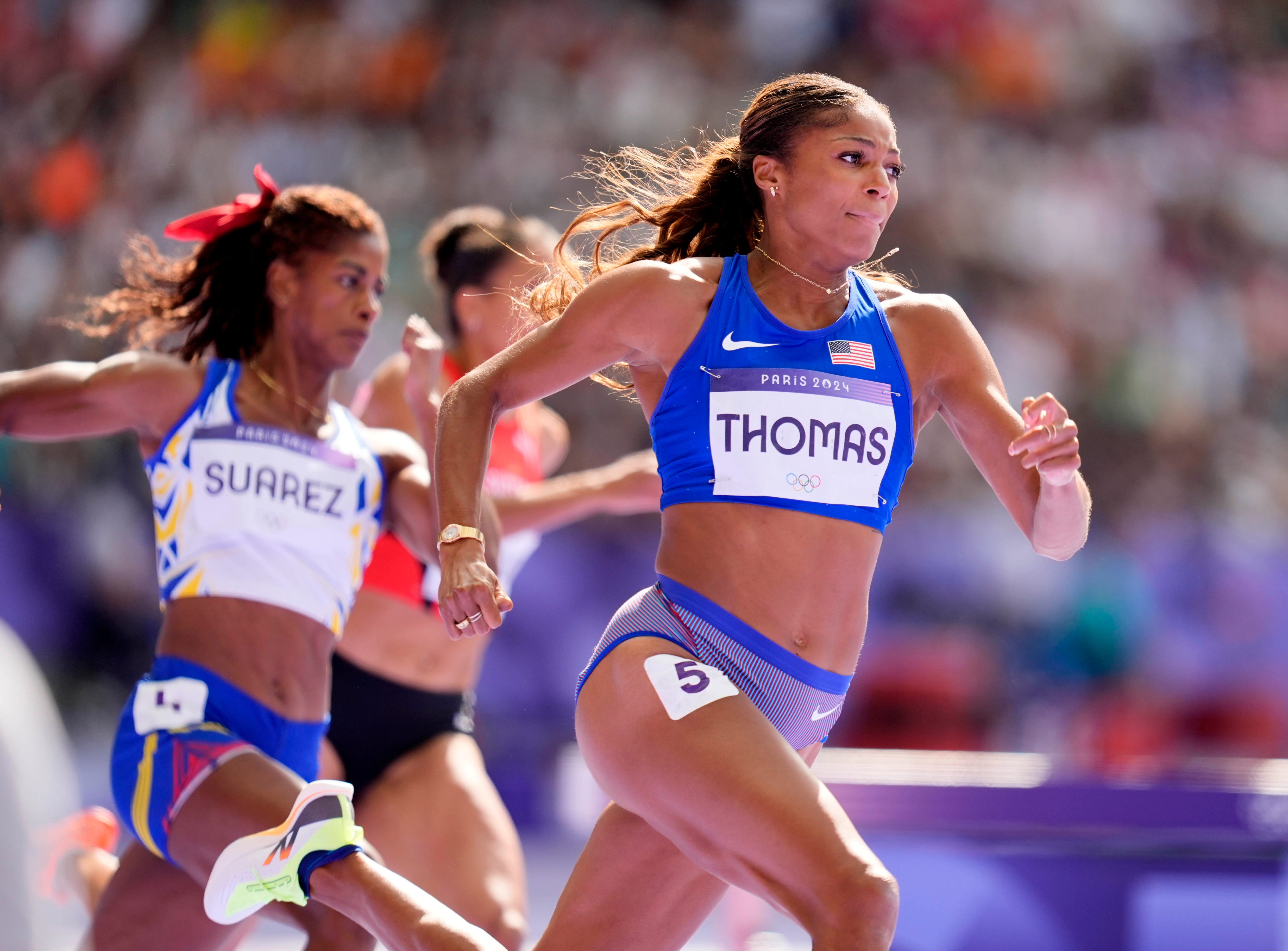 USA's Gabby Thomas wins her round 1 heat in the women's 200m at the Paris Olympics at Stade de France.