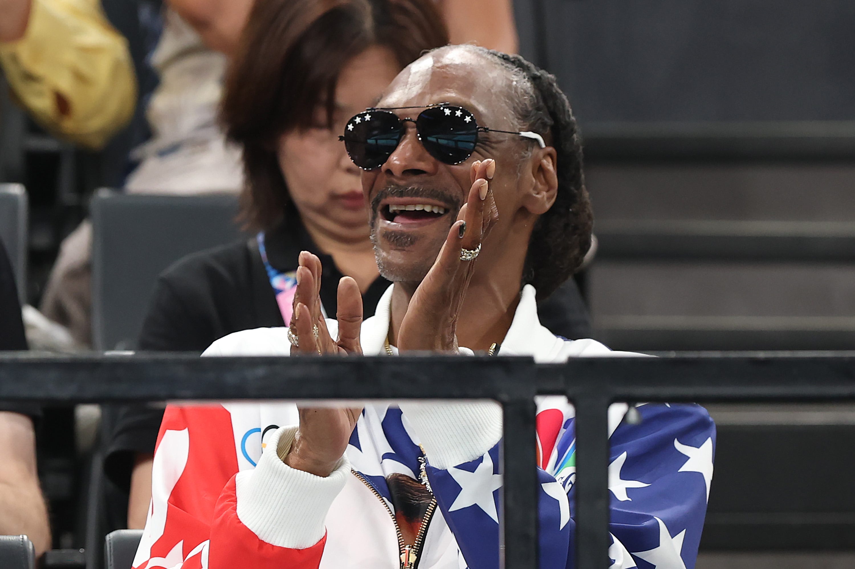 Snoop Dogg during gymnastics competition.