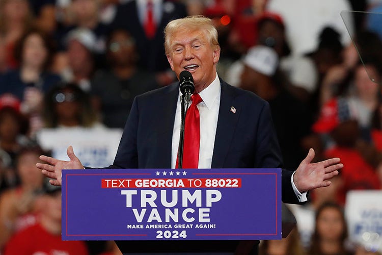 Former President Donald J. Trump speaks during a rally in Atlanta on Saturday, Aug. 3, 2024. Trump attacked his opponent Kamala Harris on border policy and wide array of issues.