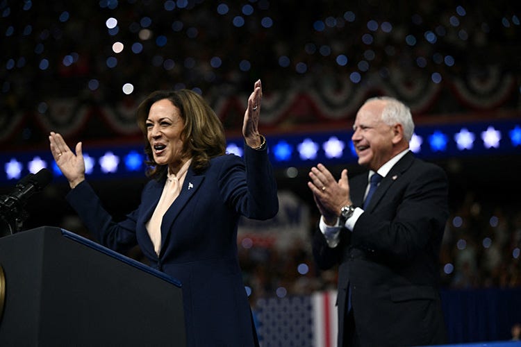 Democratic presidential nominee Kamala Harris introduces her running mate, Minnesota Gov. Tim Walz, at a campaign rally in Philadelphia on Aug. 6, 2024.