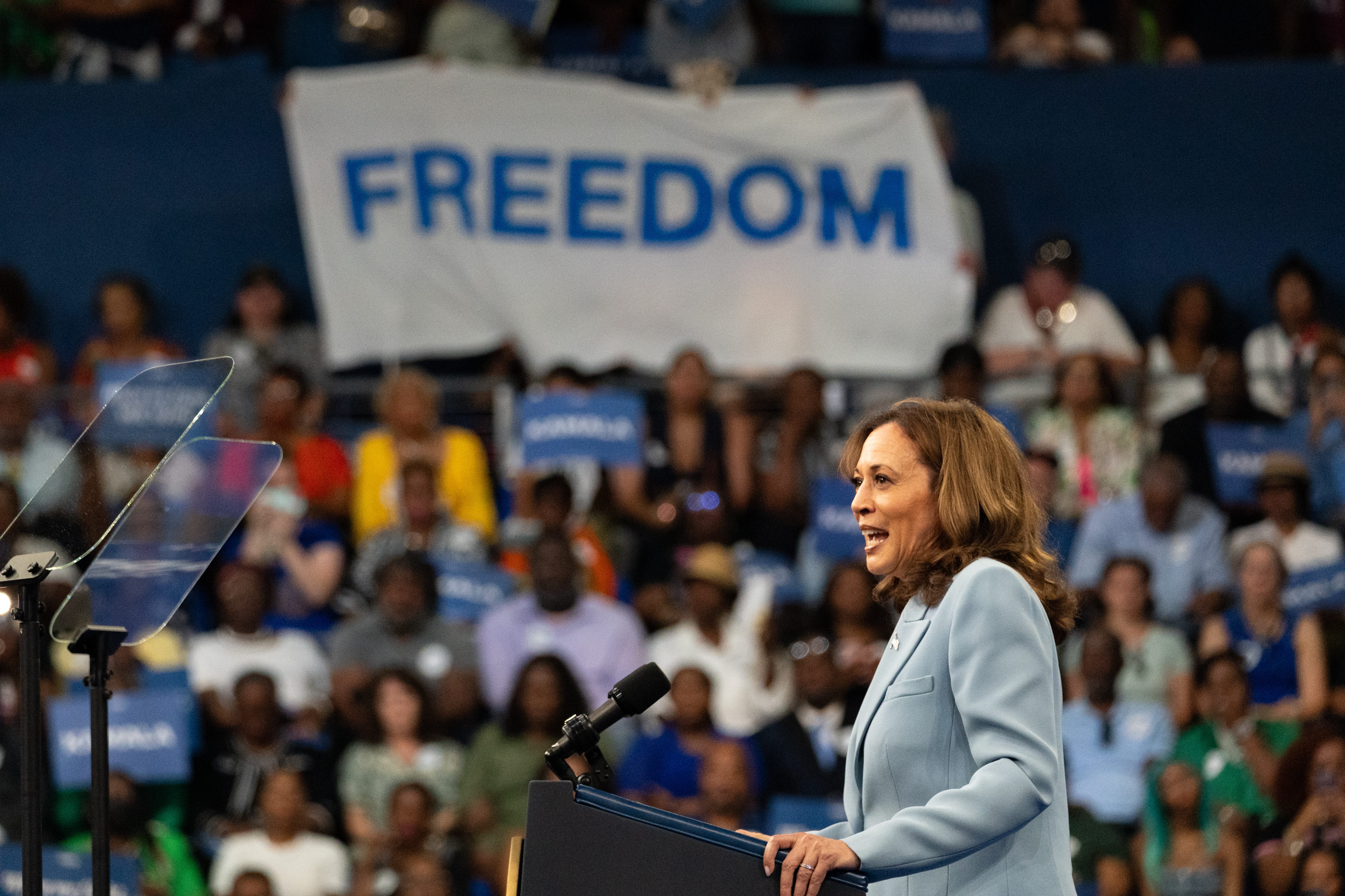 Vice President Kamala Harris campaigns for president on July 30, 2024, in Atlanta.