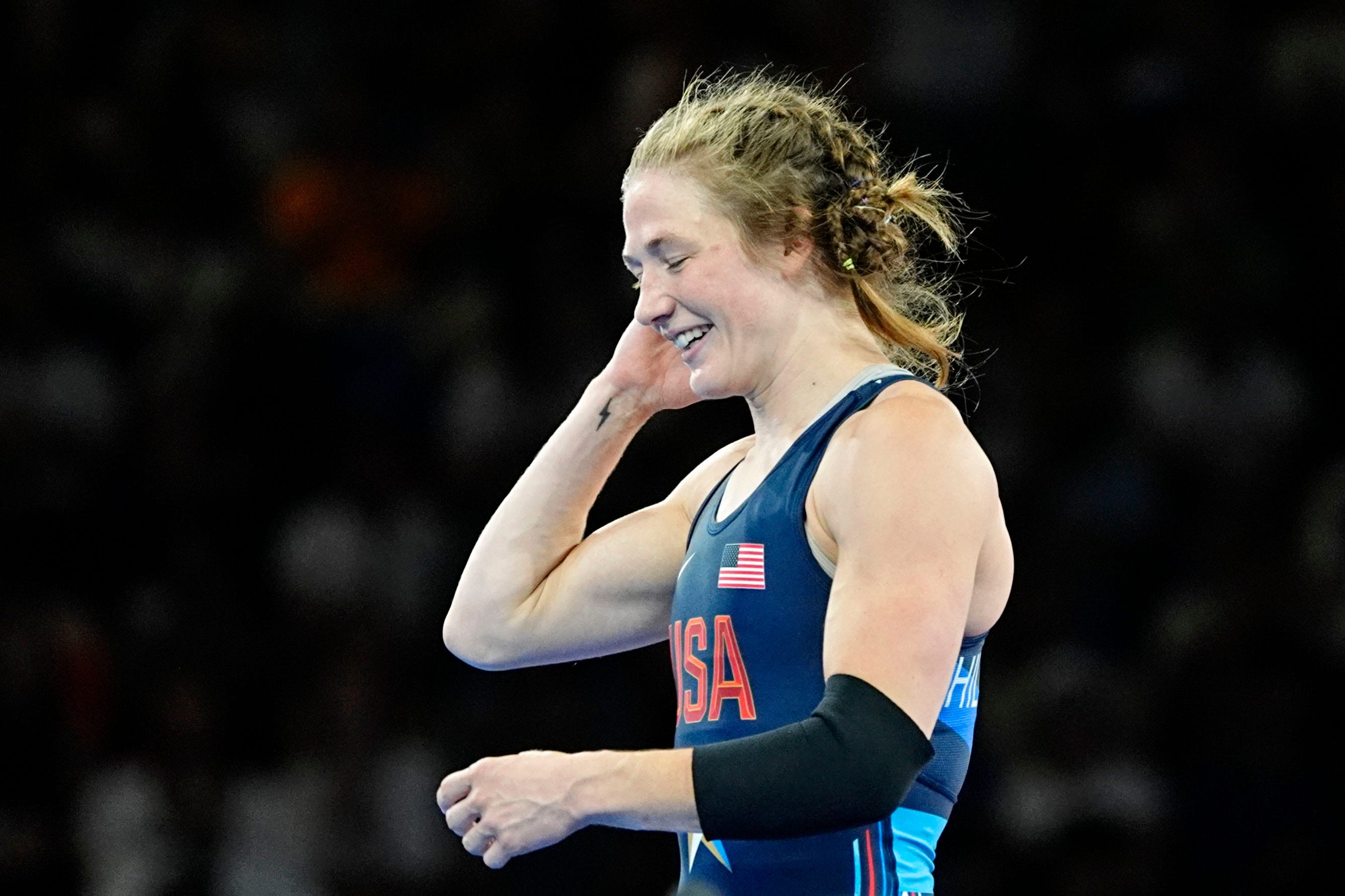 Sarah Ann Hildebrandt of the United States reacts after defeating Yusneylis Guzman Lopez of Cuba in the women's freestyle 50kg gold medal match during the Paris Olympics at Champ-de-Mars Arena in Paris on Aug 7, 2024.