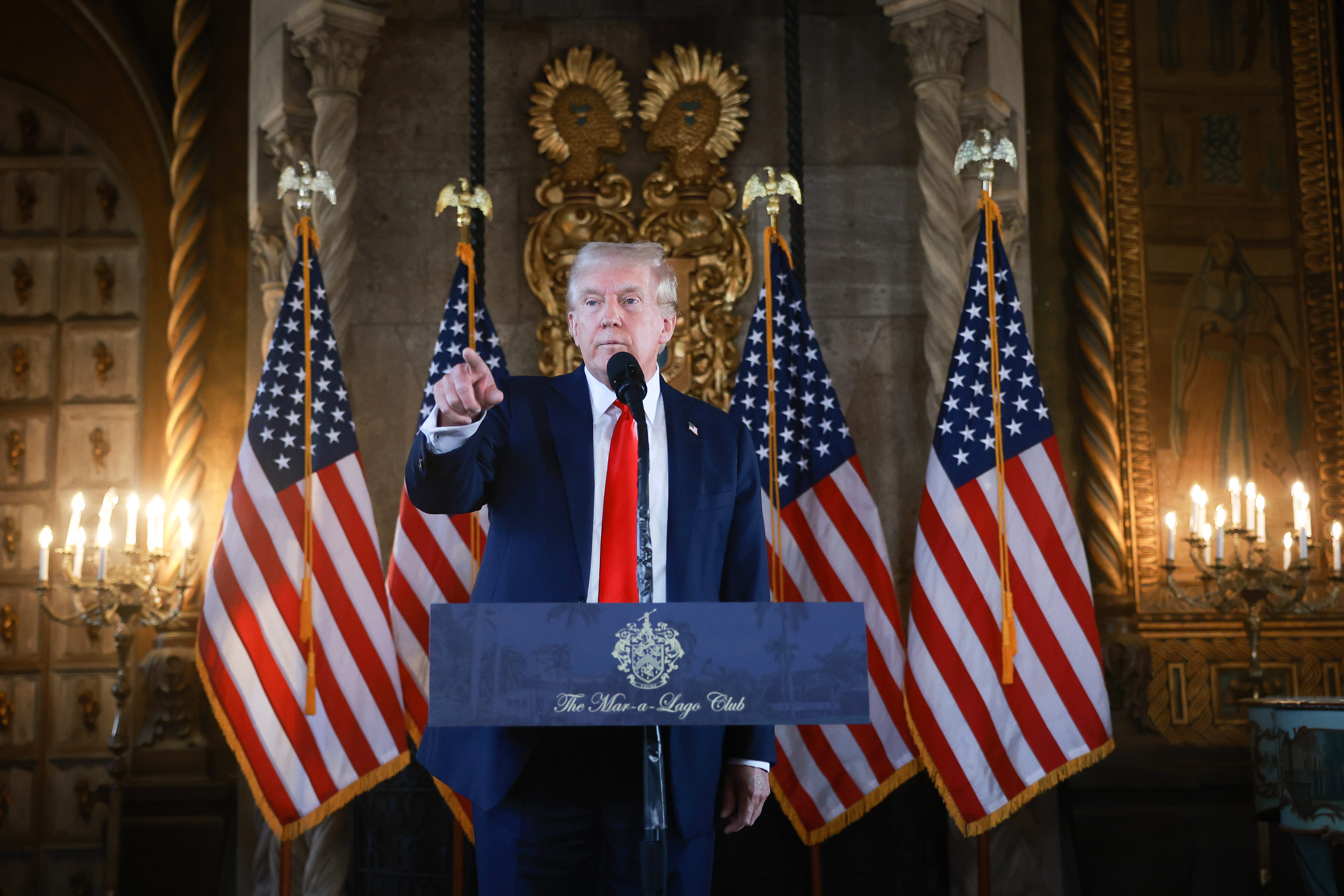 Republican presidential nominee Donald Trump speaks during a news conference at his Mar-a-Lago estate in Palm Beach, Fla., on Aug. 08, 2024.