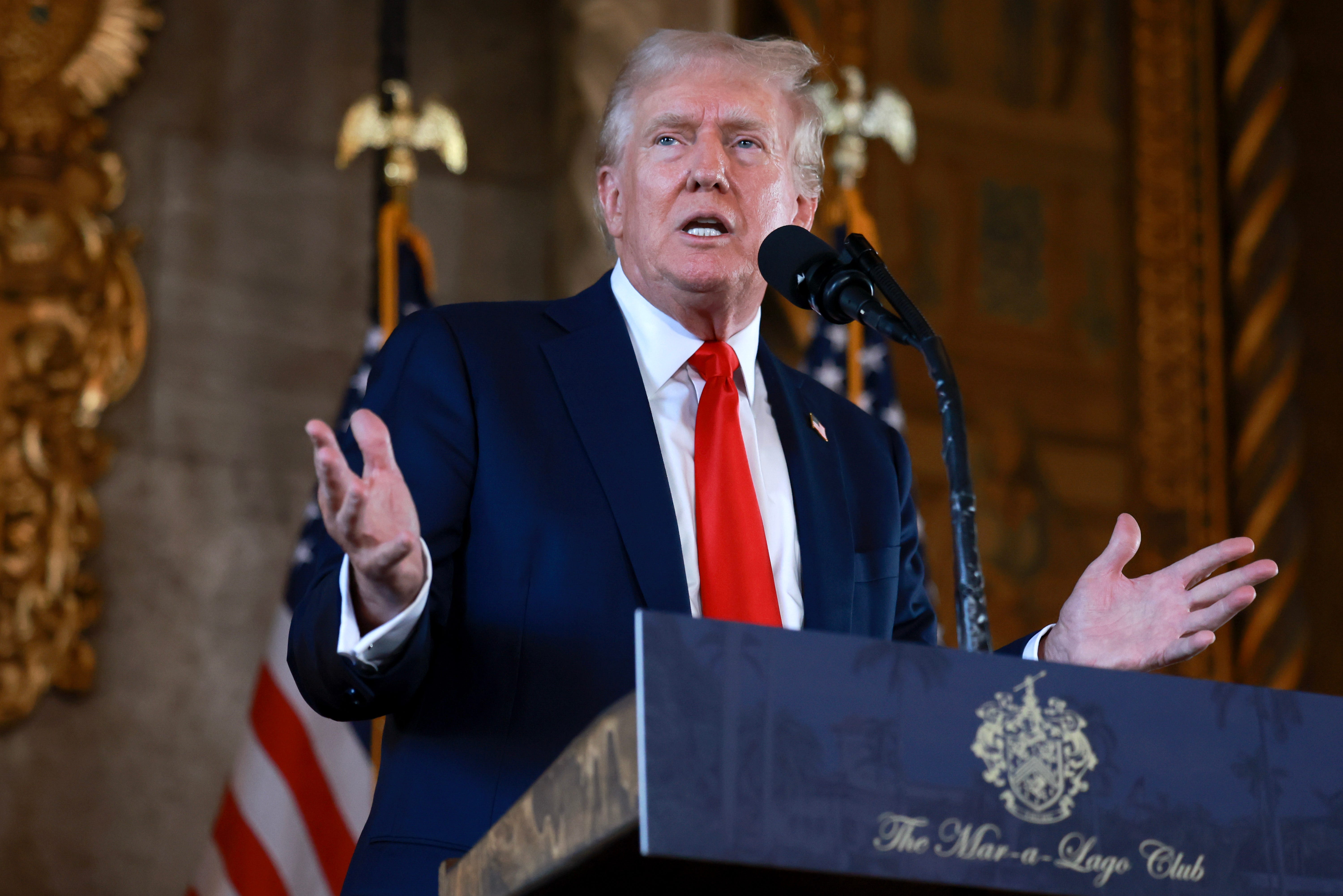 PALM BEACH, FLORIDA - AUGUST 08: Republican presidential candidate former President Donald Trump speaks during a press conference at Mr. Trump's Mar-a-Lago estate on August 08, 2024, in Palm Beach, Florida. Polls currently show a close race between Trump and Democratic presidential candidate, U.S. Vice President Kamala Harris. (Photo by Joe Raedle/Getty Images)