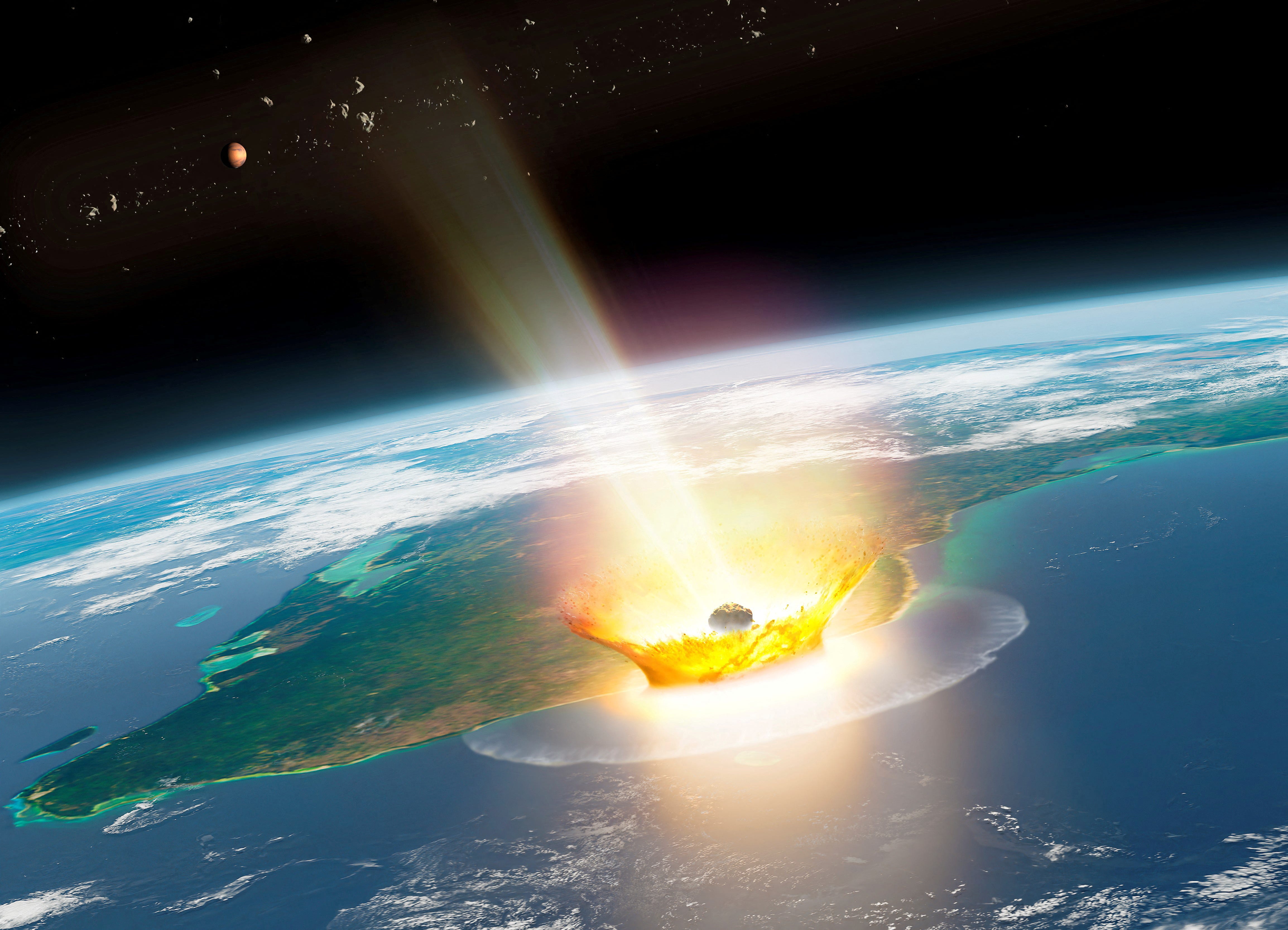 An artist's impression of a large asteroid impacting at Chicxulub on the Mexican coastline, which caused the end-Cretaceous mass extinction, 66 million years ago.