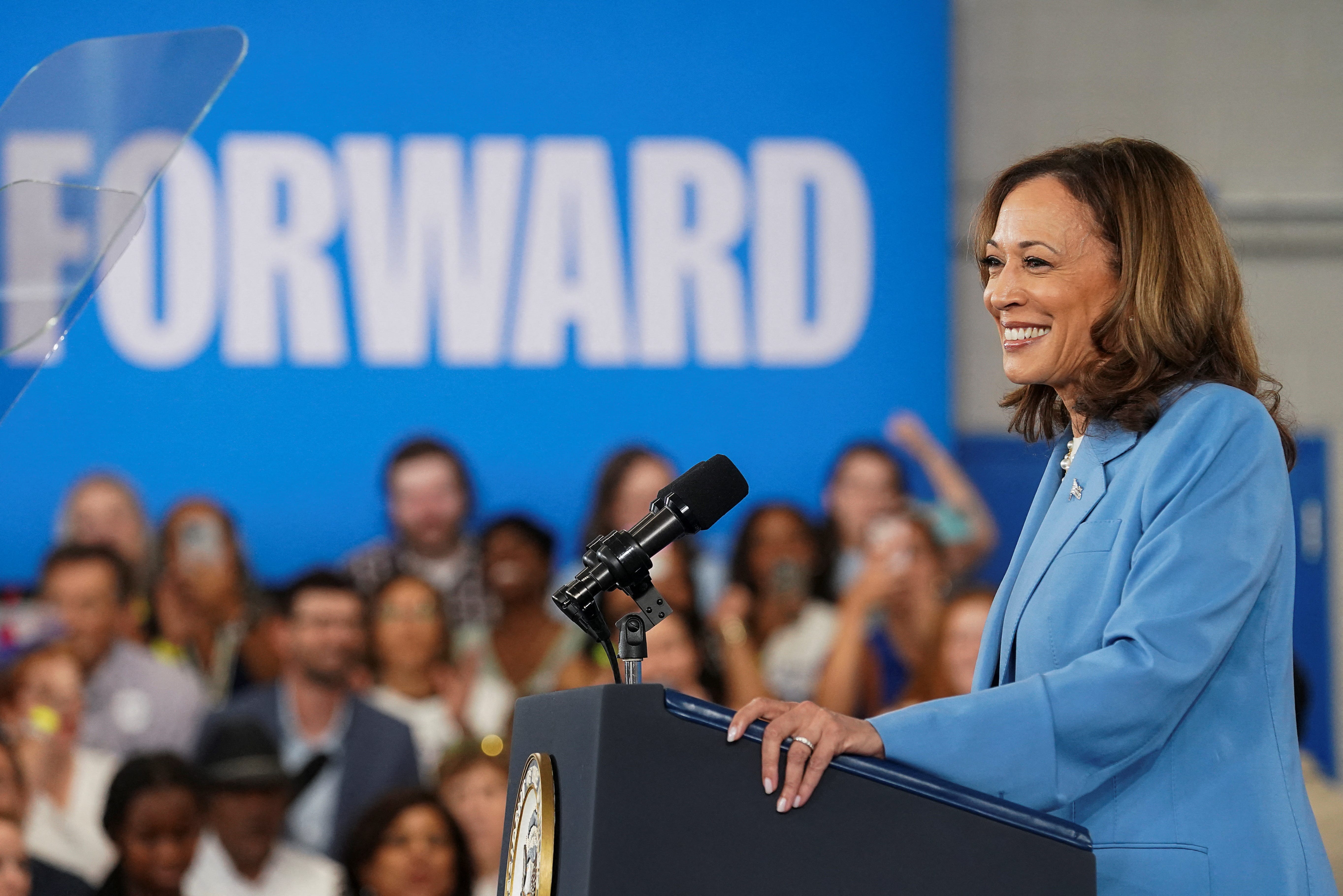 U.S. Vice President and Democratic presidential candidate Kamala Harris gives a speech, during an event at the Hendrick Center for Automotive Excellence in Raleigh, North Carolina, U.S., August 16, 2024. REUTERS/Kevin Lamarque