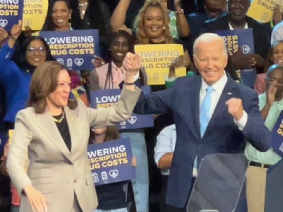 President Joe Biden holds Vice President Kamala Harris' hand in Upper Marlboro, Md. on Aug. 15, 2024. Thursday was the pair's first public event since Harris became the Democratic Party's presumptive presidential nominee.