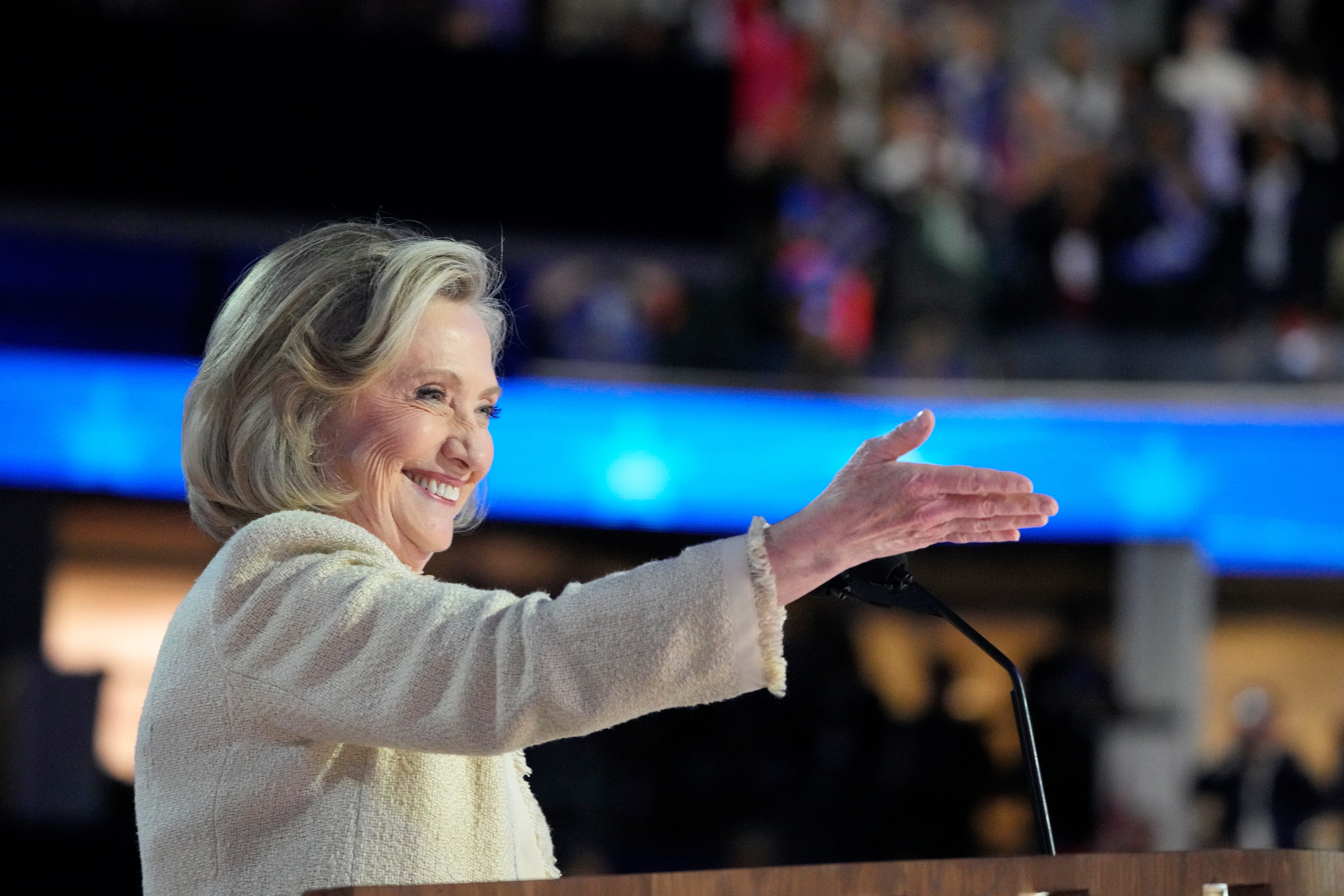 Hillary Rodham Clinton, Former Secretary of State, speaks during the first day of the Democratic National Convention at the United Center. The DNC program will feature President Joe Biden and Former Secretary of State Hillary Clinton during Monday's ceremonies.
