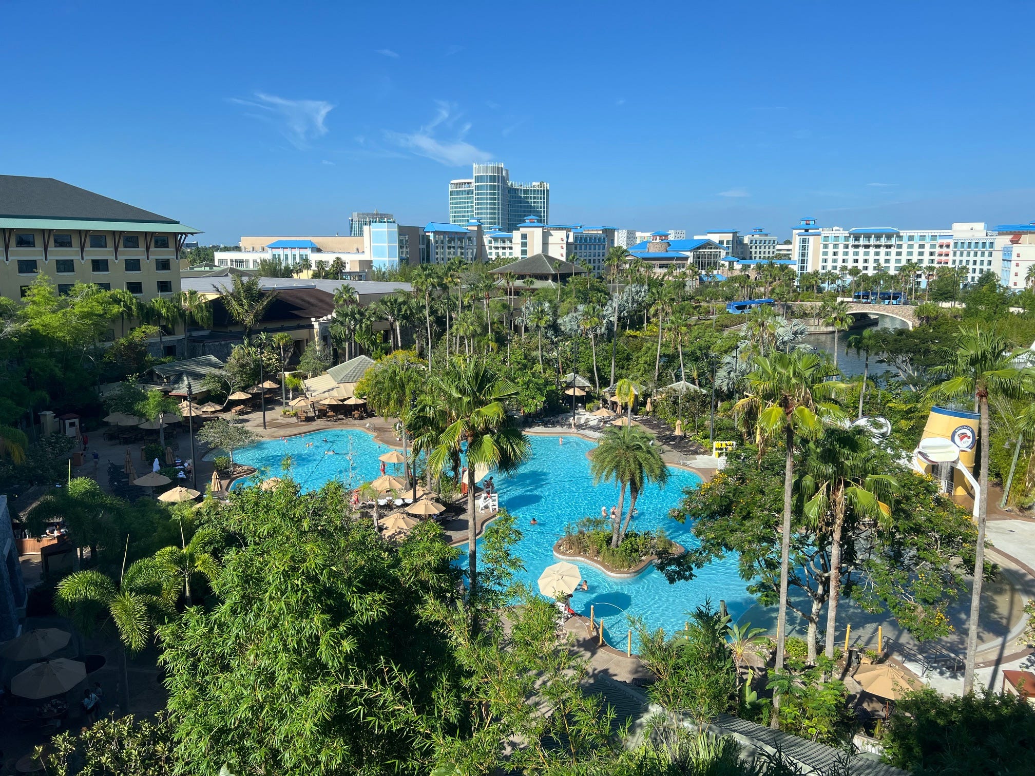 Universal's Aventura Hotel and Loews Sapphire Falls Resort can be seen in the skyline from Loews Royal Pacific Resort.