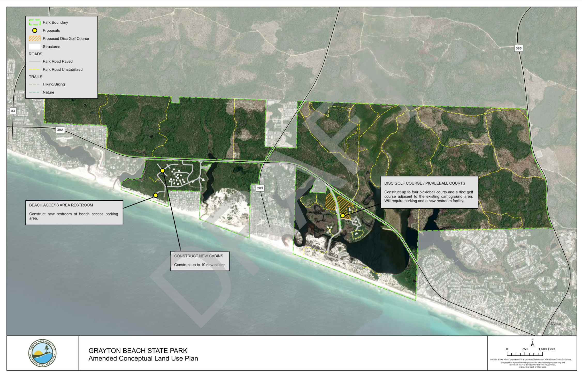 The state's proposal for Grayton Beach State Park includes new cabins, pickleball courts, a disc golf course and additional parking.