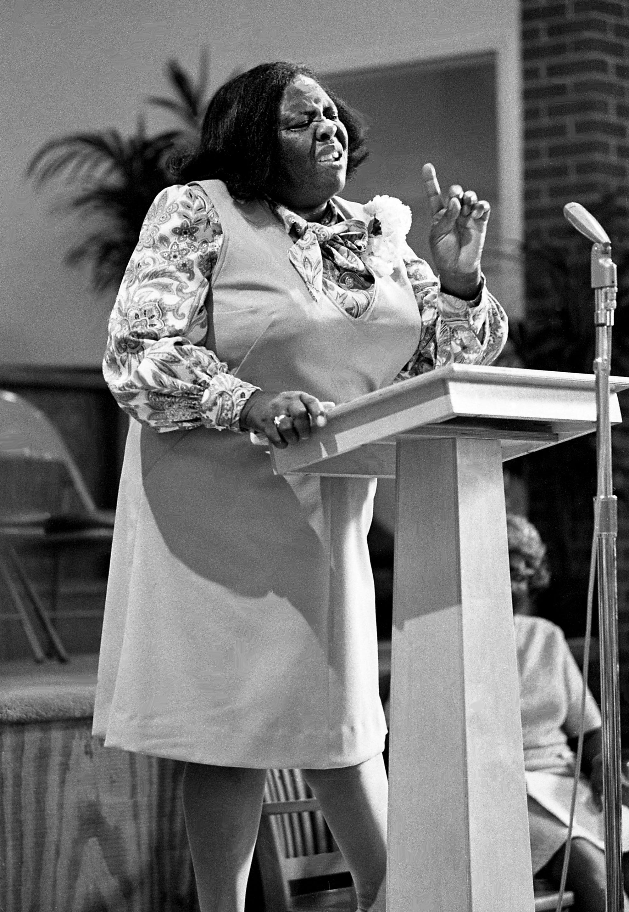 The only answer for black people are the Bible and the ballot, Fannie Lou Hamer, a Baptist laywoman and nationally know civil rights leader from Mississippi, tells a rapt audience during service at the Pilgrim Emanuel Baptist Church in Nashville Aug. 15, 1971.