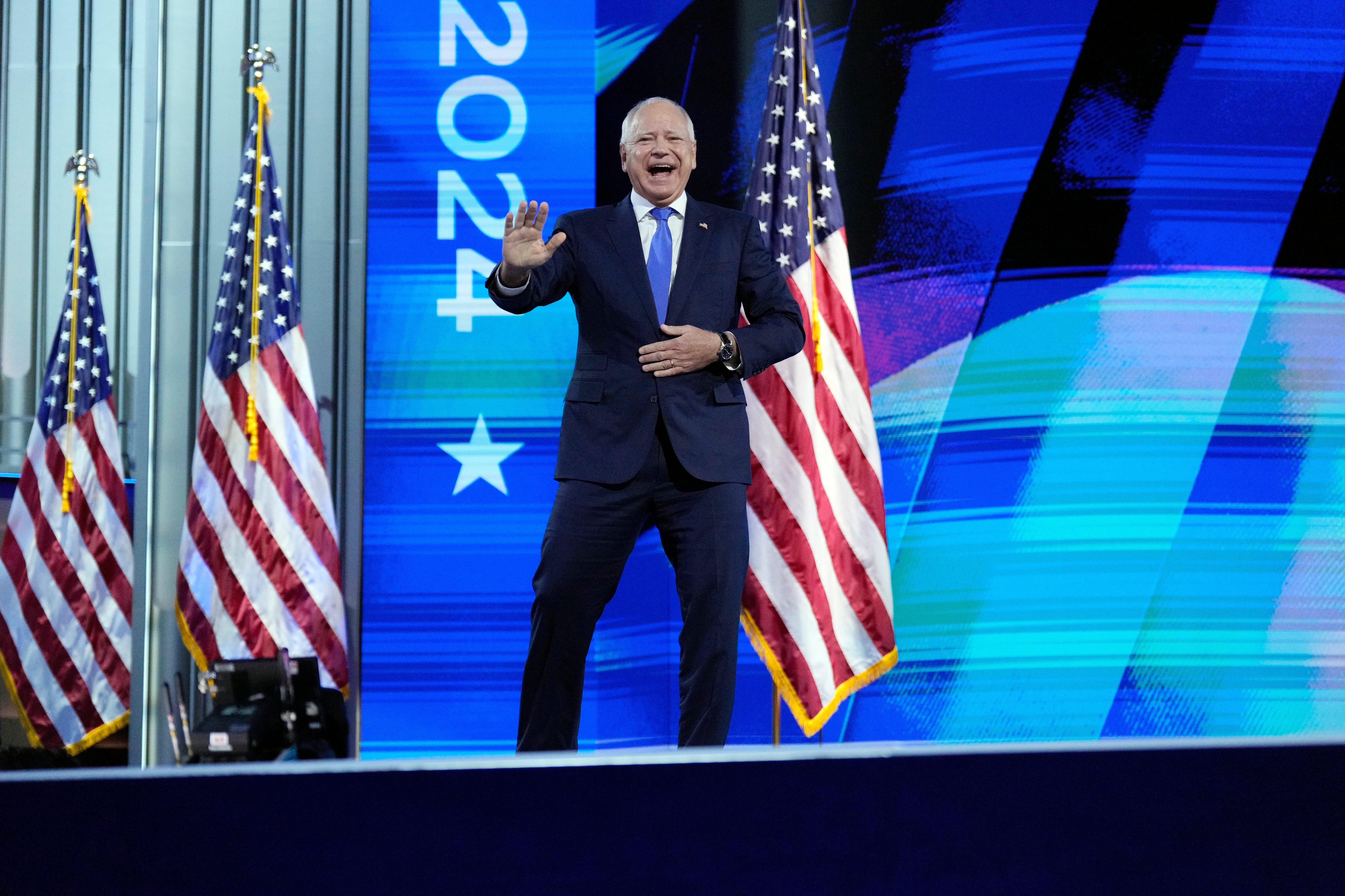 Democratic Vice Presidential nominee Tim Walz delivers his acceptance speech during the third day of the Democratic National Convention at the United Center.