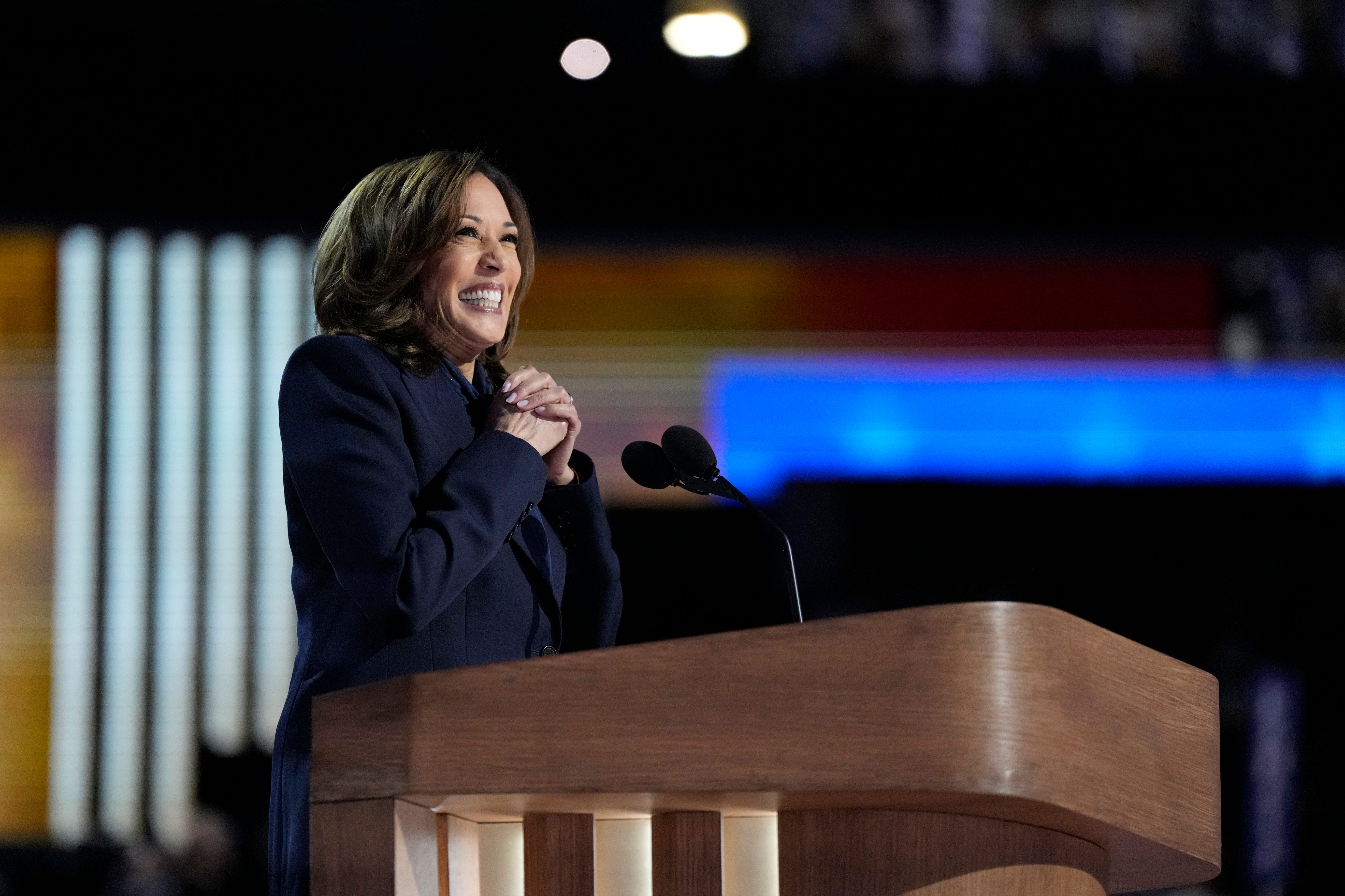 Democratic Presidential nominee Vice President Kamala Harris delivers her acceptance speech during the final day of the Democratic National Convention at the United Center.