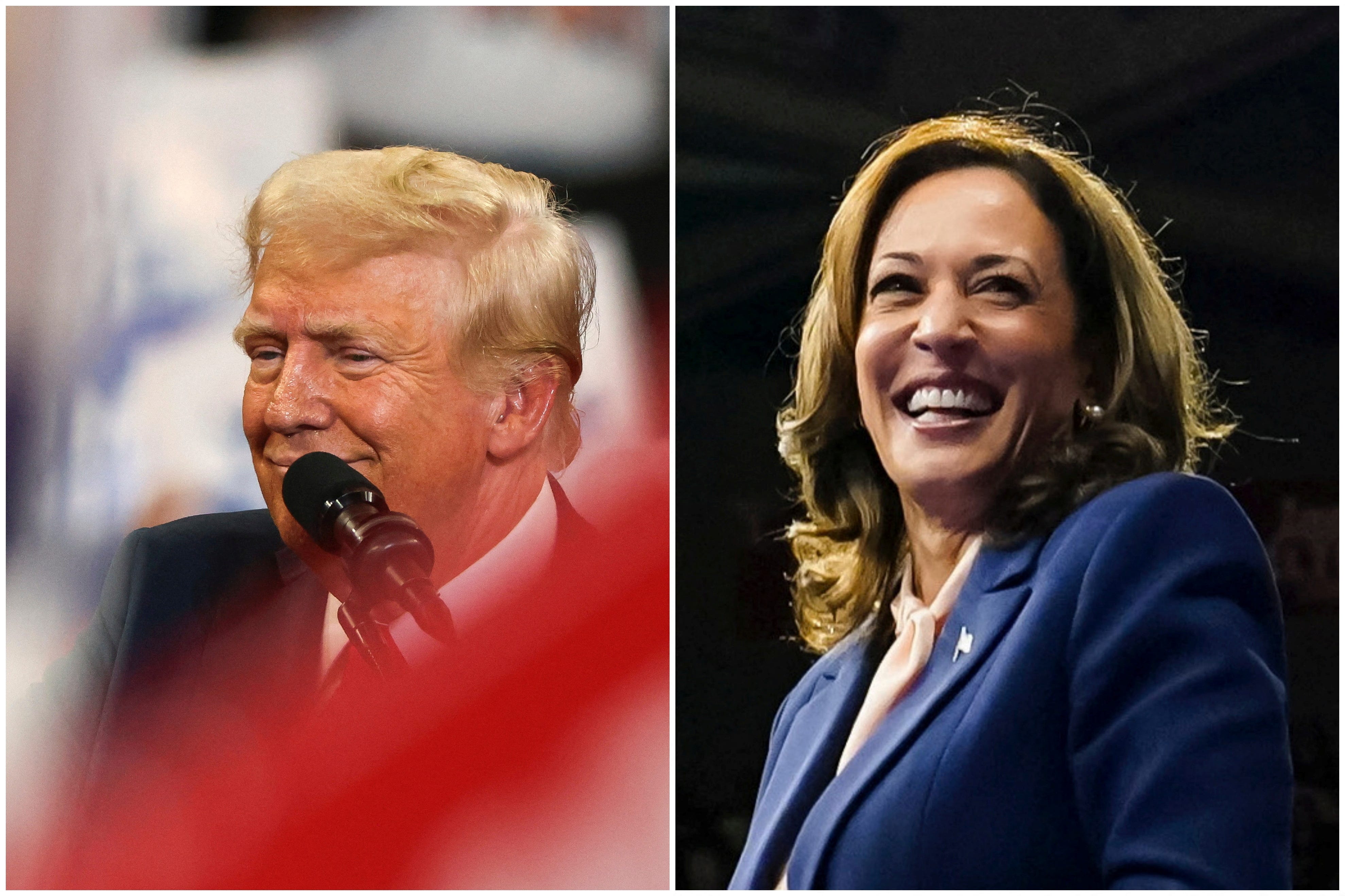 A combination picture shows Republican presidential nominee and former U.S. President Donald Trump reacting during a campaign rally held with Republican vice presidential nominee Senator JD Vance, in Atlanta, Georgia, U.S., August 3, 2024., and U.S. Vice President and Democratic presidential candidate Kamala Harris reacting as she holds a campaign rally with her newly chosen vice presidential running mate   Minnesota Governor Tim Walz in Philadelphia, Pennsylvania, U.S., August 6, 2024. REUTERS/Umit Bektas/Elizabeth Frantz