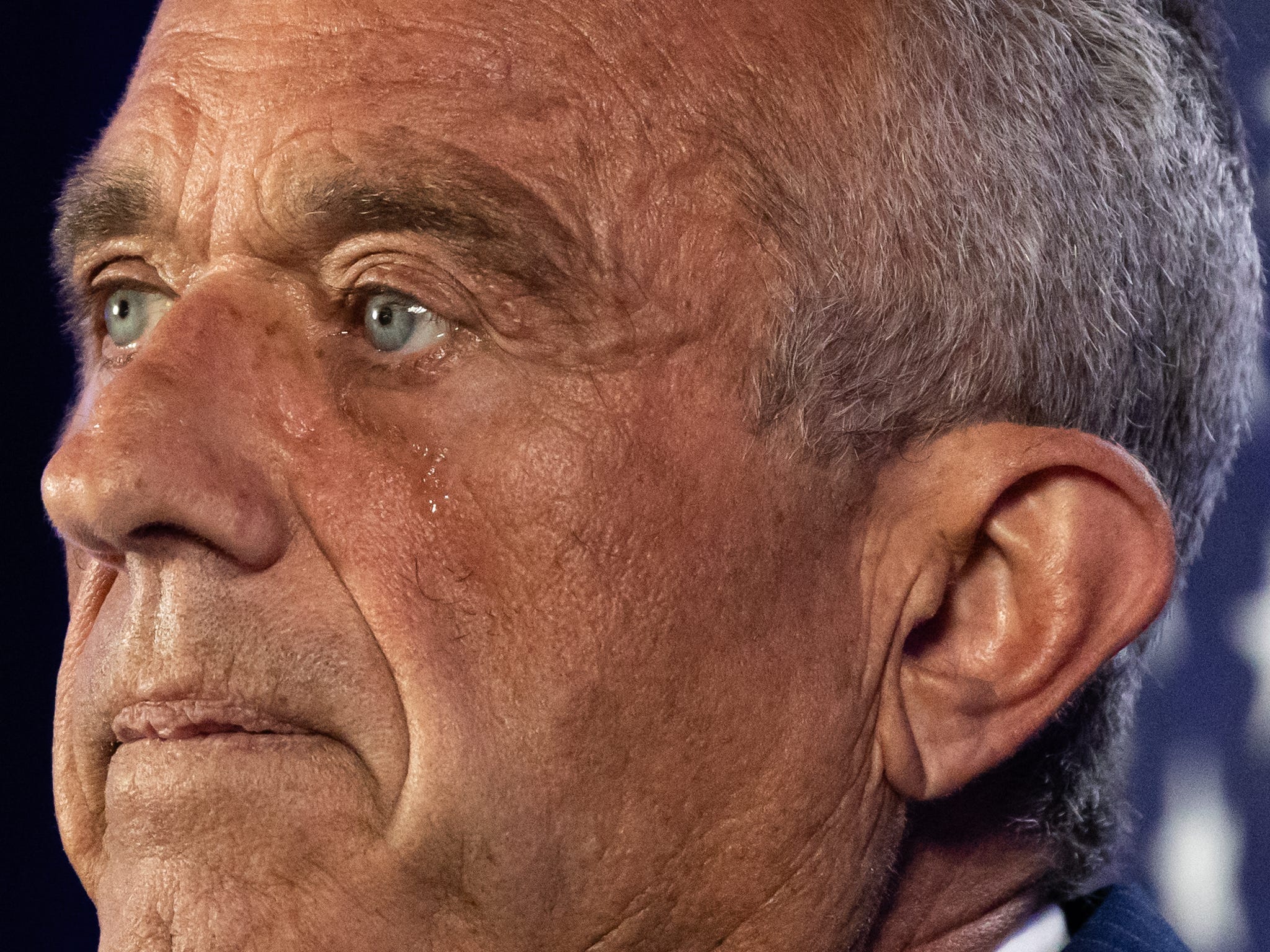Independent presidential candidate Robert F. Kennedy Jr. sheds a tear while speaking on Aug. 23, 2024, at Renaissance Phoenix Downtown in Phoenix.
