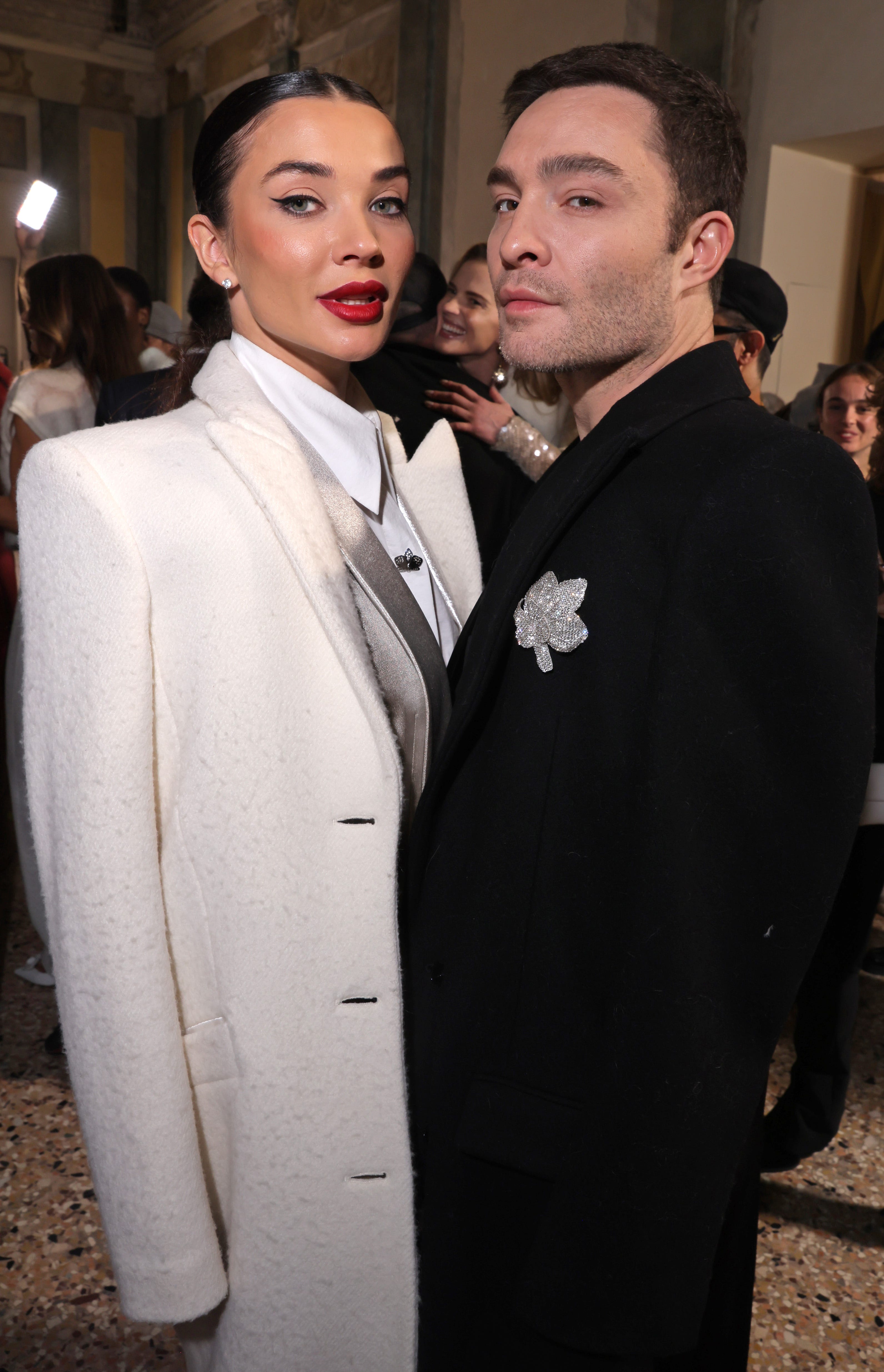 Ed Westwick and Amy Jackson attend the Genny fashion show during Milan Fashion Week on Feb. 22, 2024 in Milan, Italy.