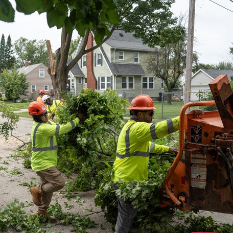 A crew works to remove branches from a fallen tree as DTE works to restore power for residents on Baxter Avenue in Royal Oak on Wednesday, August 28, 2024, following a storm that swept through the area on Tuesday.