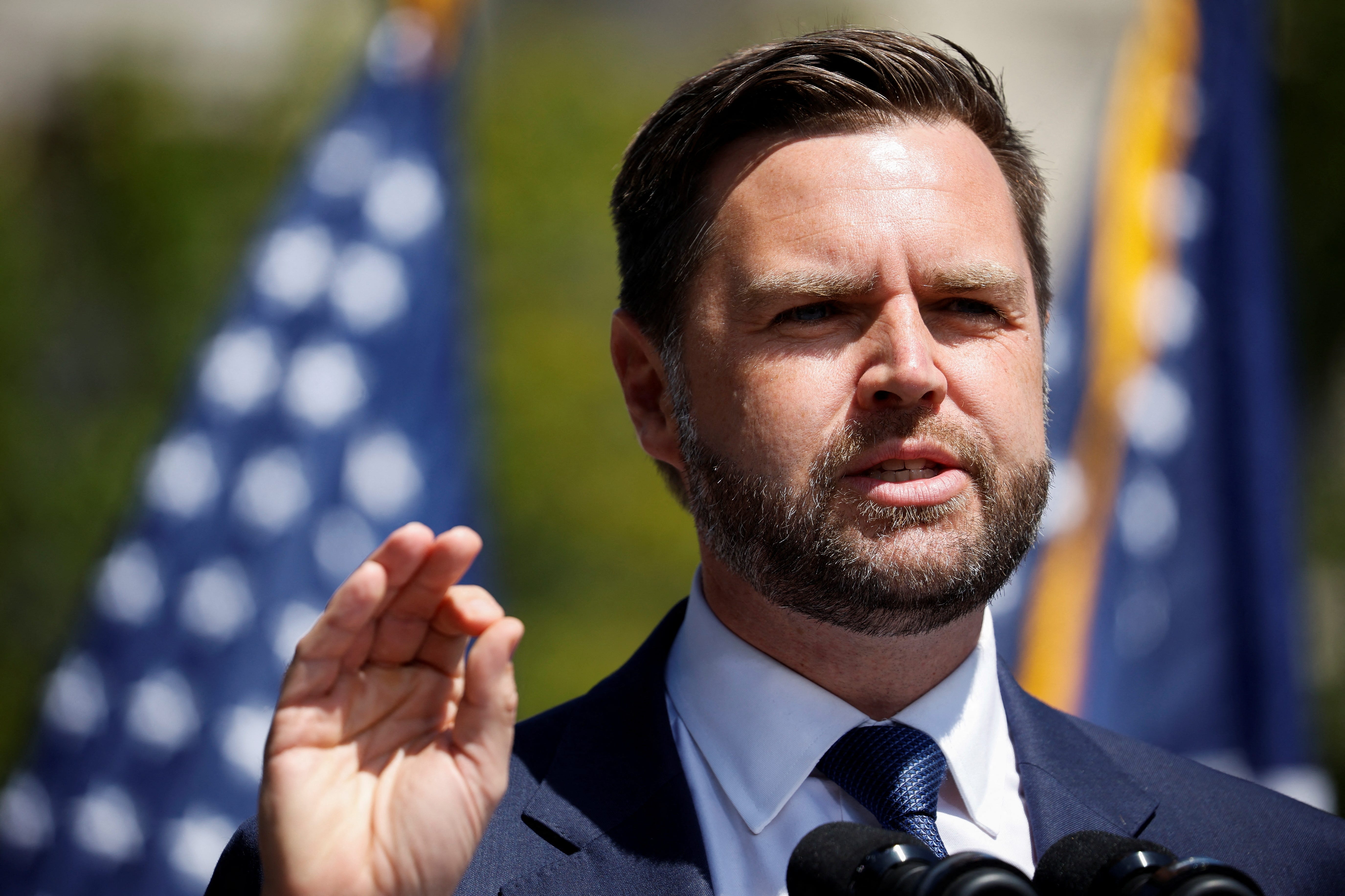Republican U.S. vice presidential nominee Senator JD Vance of Ohio gestures as he speaks during an event in Kenosha, Wisconsin on August 20, 2024.
