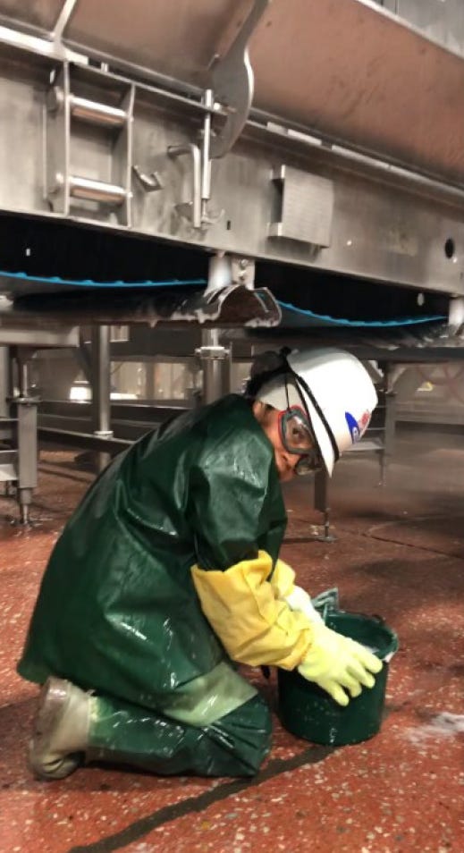 This photo, included in the Department of Labor court filings in 2022, shows a young sanitation employee at a slaughterhouse in Grand Island, Neb.